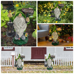 Lovinland Garden Gnome Statue Outdoor Decor Large Flocked Resin Gnome Figurine with Solar Light Holding Lantern Welcome Sign Garden Yard Decorations Dwarf Sculpture for Outside Patio Porch Lawn Decor
