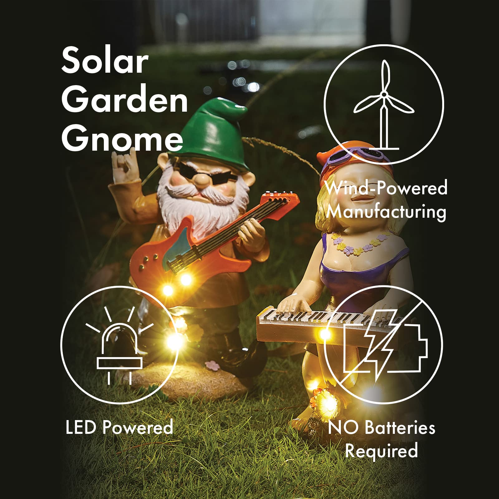 Rock N Roll Musician Gnomes with Solar LED Light Instruments | Set of 2 | Musician, Pianist, Guitarist Garden Statue, Yard Art Décor, Indoor & Outdoor Ornament for Lawn, Patio Sculpture - 10"-11" H