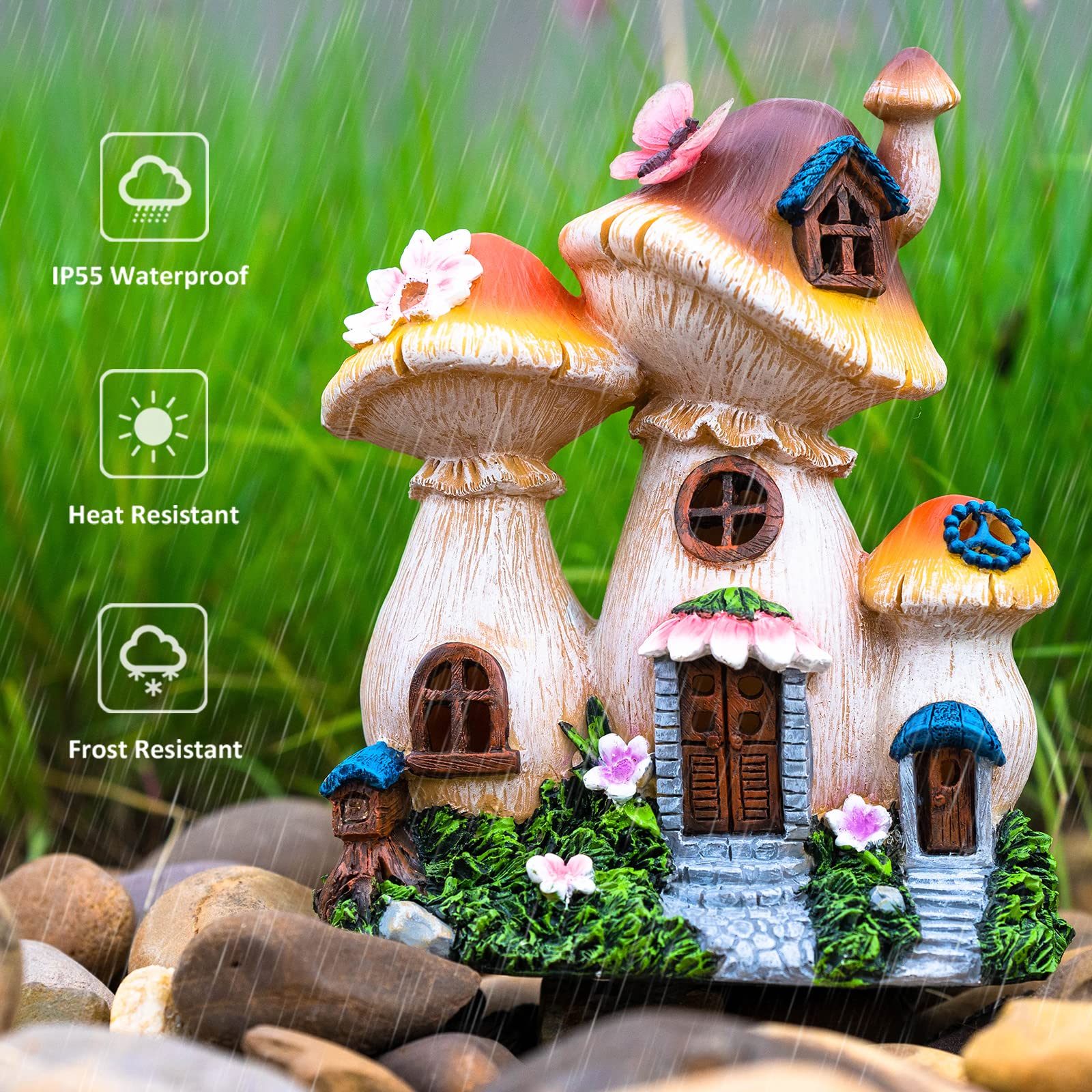 Candieslife Solar Garden Statue Lights Mushroom Fairy House Figurine, Outdoor Memorial Garden Ornaments Gift Waterproof Decoration for Outside Patio Yard Lawn Decor