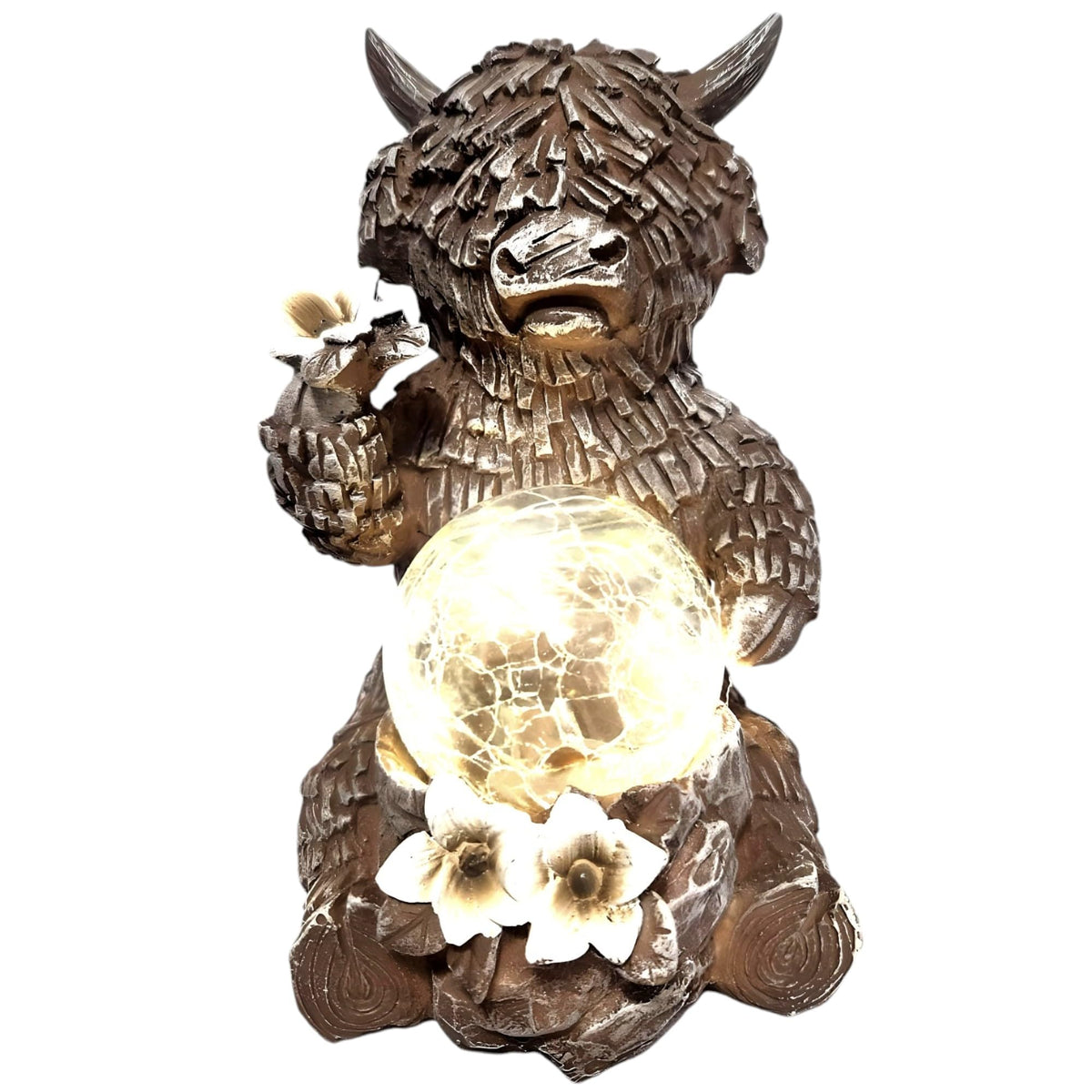 Divas World Highland Cow Solar Garden Light – LED Crackle Glass Ball Solar Ornament, 16cm Rustic Farmhouse Decor, Outdoor Country Garden Decorations, Waterproof Animal Figure for Yard, Patio, Home