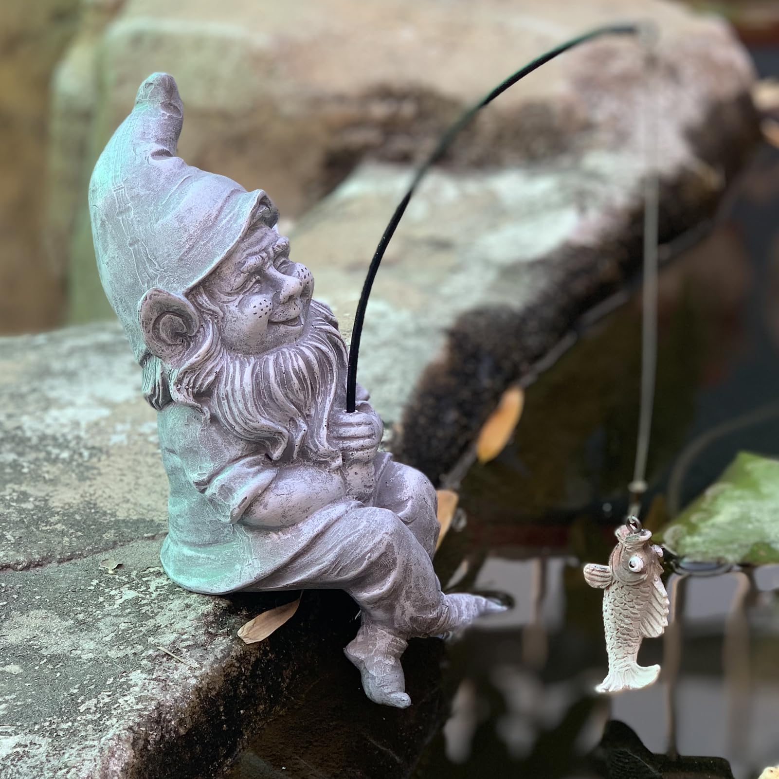 Garden Gnome Pond Statue Decoration, Fishing Gnome Garden Statue Outdoor Koi Pond or Waterfall Decor, 9.7" Stone Gnome Fishing Poolside Statue with Glow in Dark Pebbles Included, Great Gifts for Mom