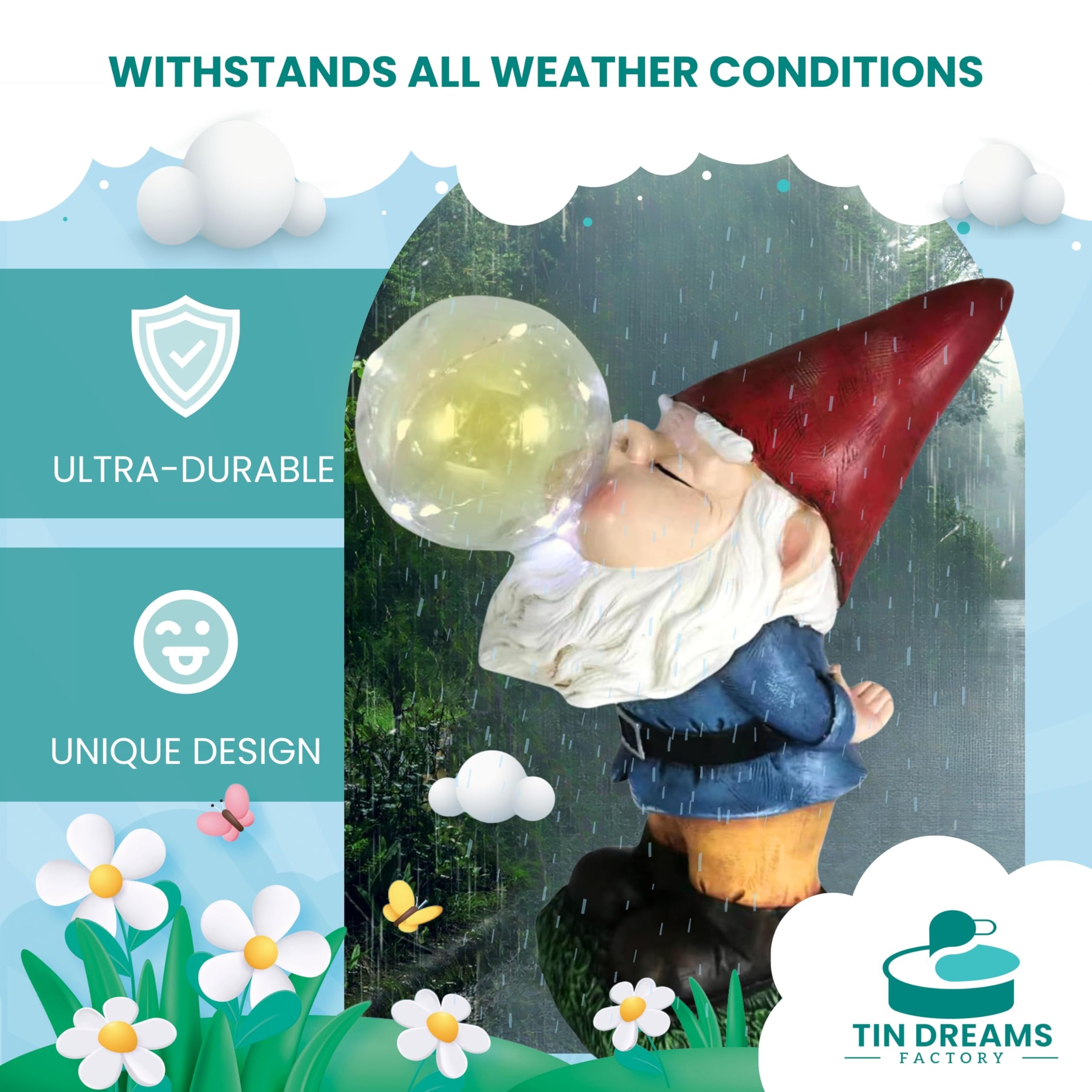 TIN DREAMS FACTORY | Tattletale Gnome with Solar Light – Decorative Garden Resin Figure – Outdoor Gnome with Glowing LED Bubble – Fun Ornament for Garden, Patio & Terrace