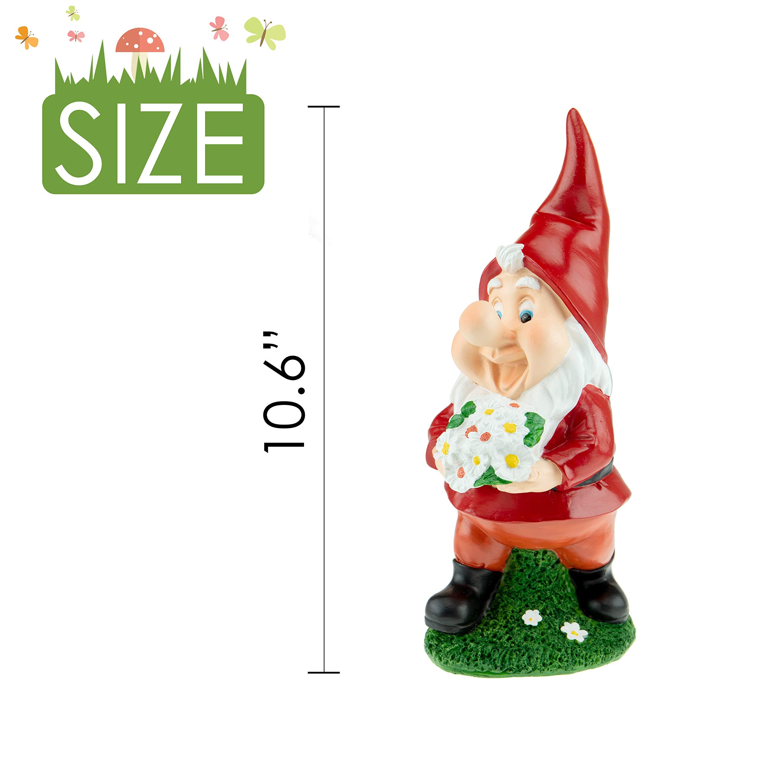 CLEVER GARDEN Garden Gnome Statue Outdoor Décor, 11 Inch Tall Resin Figurine, Bouquet