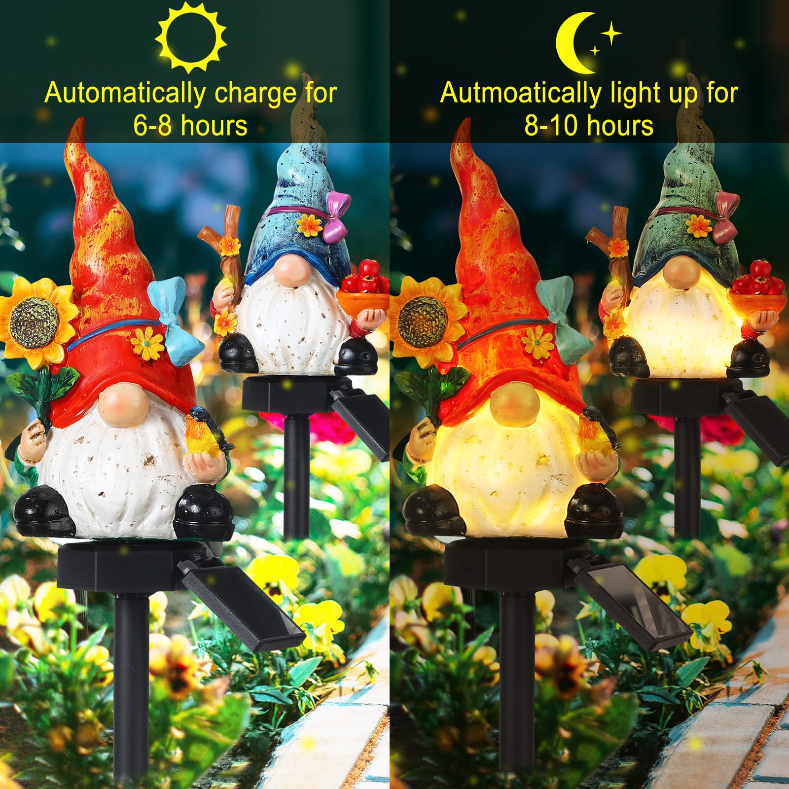 Rossesay - Set of 2 Solar Gnome Lights, Outdoor Pathway Decor, Decorative Stakes for Garden, Home, LED Landscape Lighting for Lawn, Walkway, Yard,