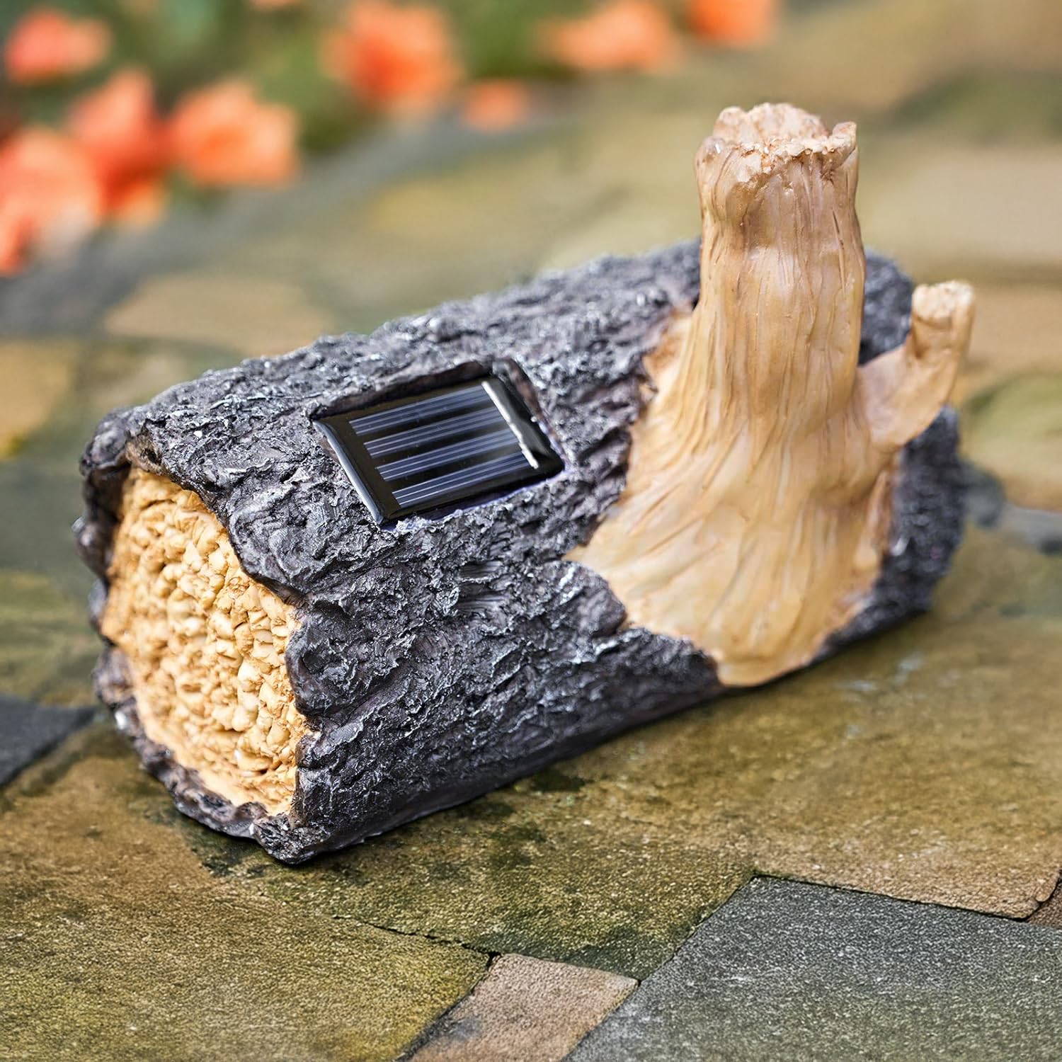 garden mile Solar Powered Light Up Log Fairy House Garden Solar Lighting Indoor Outdoor Ornament Wood Effect Resin Decoration - solar lights outdoor garden