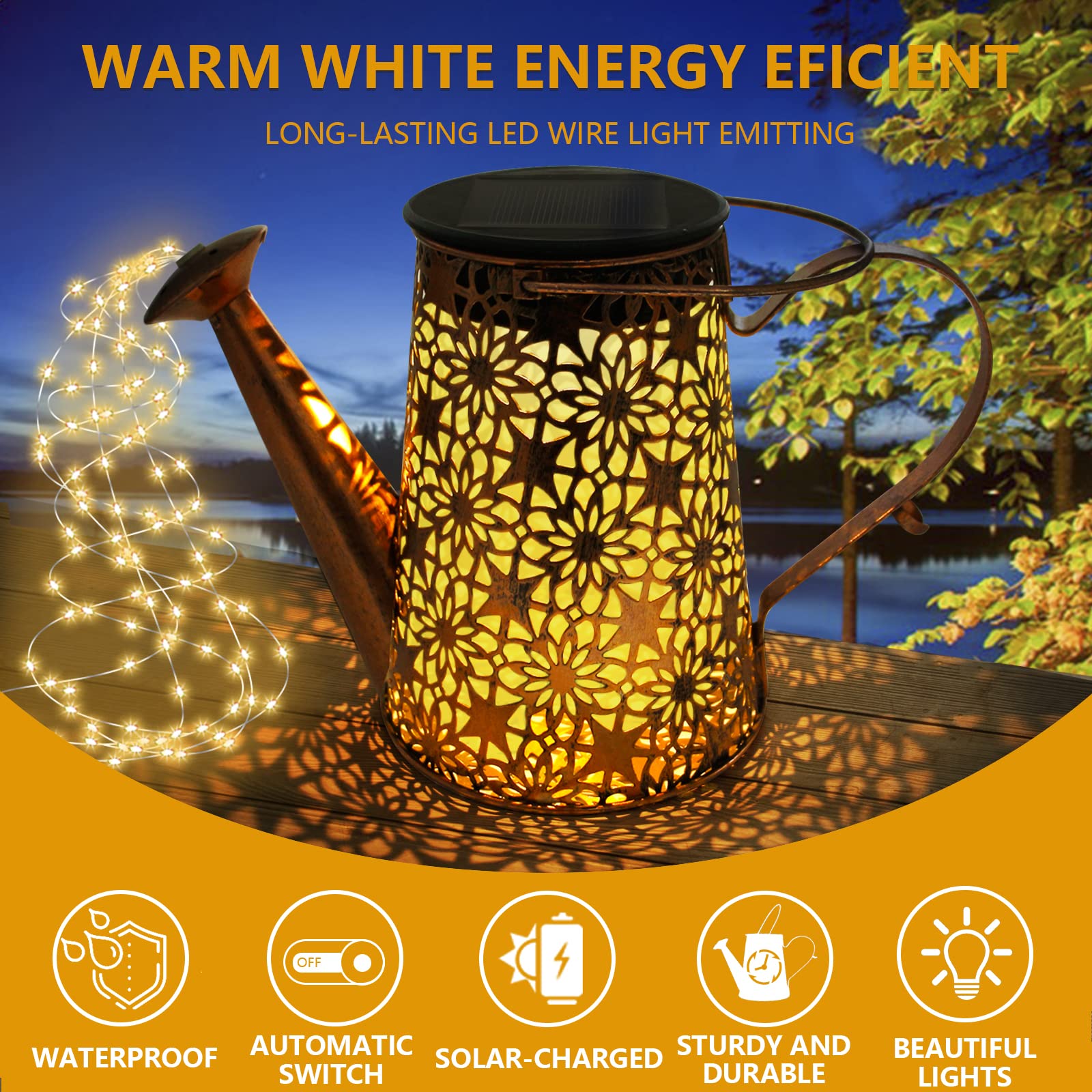 FLSEPAMB Watering Can Solar Lights Garden (2 Pack), IP65 Watering Can with Cascading Lights, Warm Watering Garden Light Decor with Bracket for Pathway, Yard, Patio, Backyard, Bronze, (HSD)