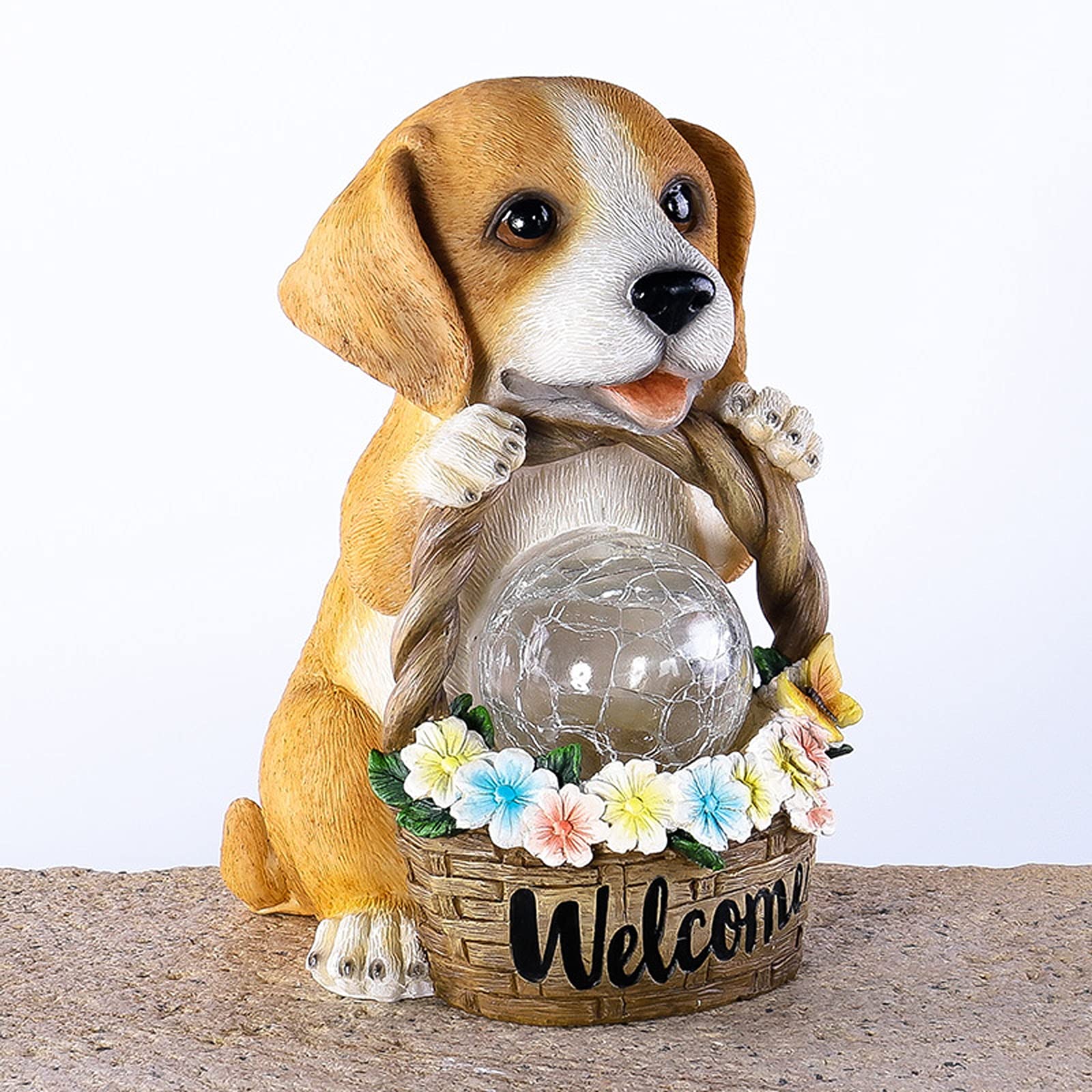 Puppy Garden Ornament Outdoor with Solar Light with Crakle Glass Balls, Resin Garden Statue Figurine for Patio Lawn Yard Decor