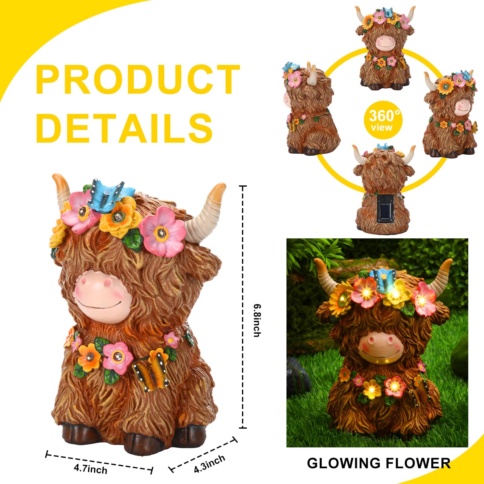 Colingmill Highland Cow Gnomes Resin, Garden Highland Cow Statue Solar Outdoor Decor with Flower Decoration for Patio, Yard, Gift for Mom, Cow Lovers(Bright)