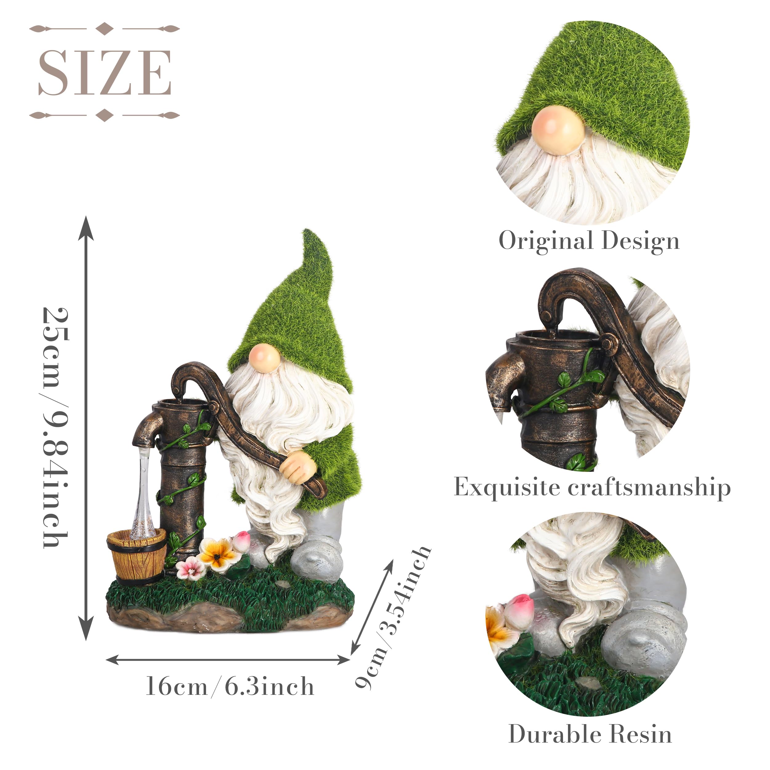 TERESA'S COLLECTIONS Garden Ornaments Outdoor, Lovely Green Clothes Gonk Pumping Water with Solar-Powered Lights, Waterproof Resin Gnomes Ornaments, Garden Decorations Gifts, Indoor Outdoor 22.5CM