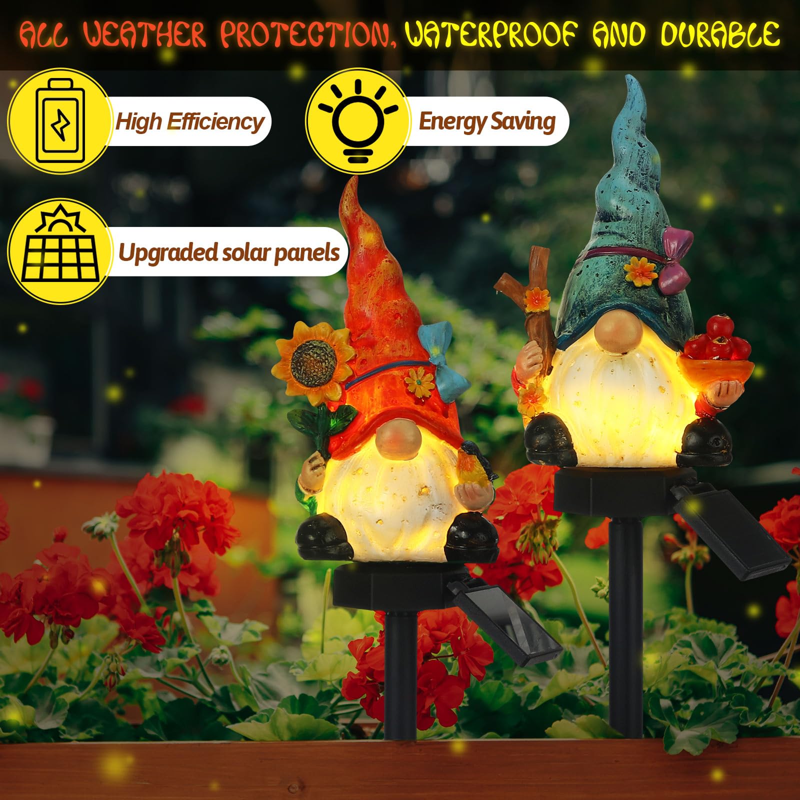Rossesay - Set of 2 Solar Gnome Lights, Outdoor Pathway Decor, Decorative Stakes for Garden, Home, LED Landscape Lighting for Lawn, Walkway, Yard,