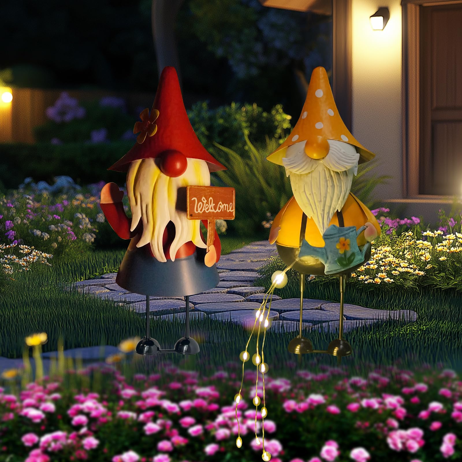 HONGLAND Metal Gnome Yard Art -18 Inch Garden Gnomes Statues Outdoor Decor with Watering Can Solar Lights -3D Outdoor Figurines for Patio Yard Lawn Porch Ornament Gardening Gifts