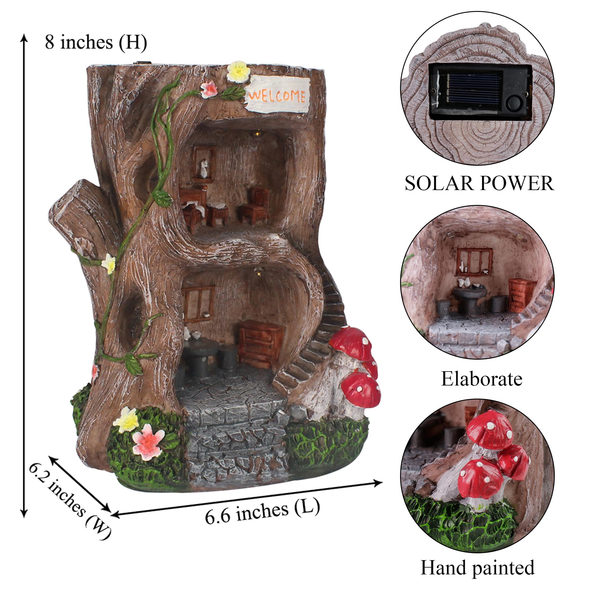 BEXLEYBAY Solar Light Gnome Fairy House Outdoor Statues, Big Size Elf Miniature Buildings Sculptures for Garden Patio Lawn Path Decorations, 8" Tall