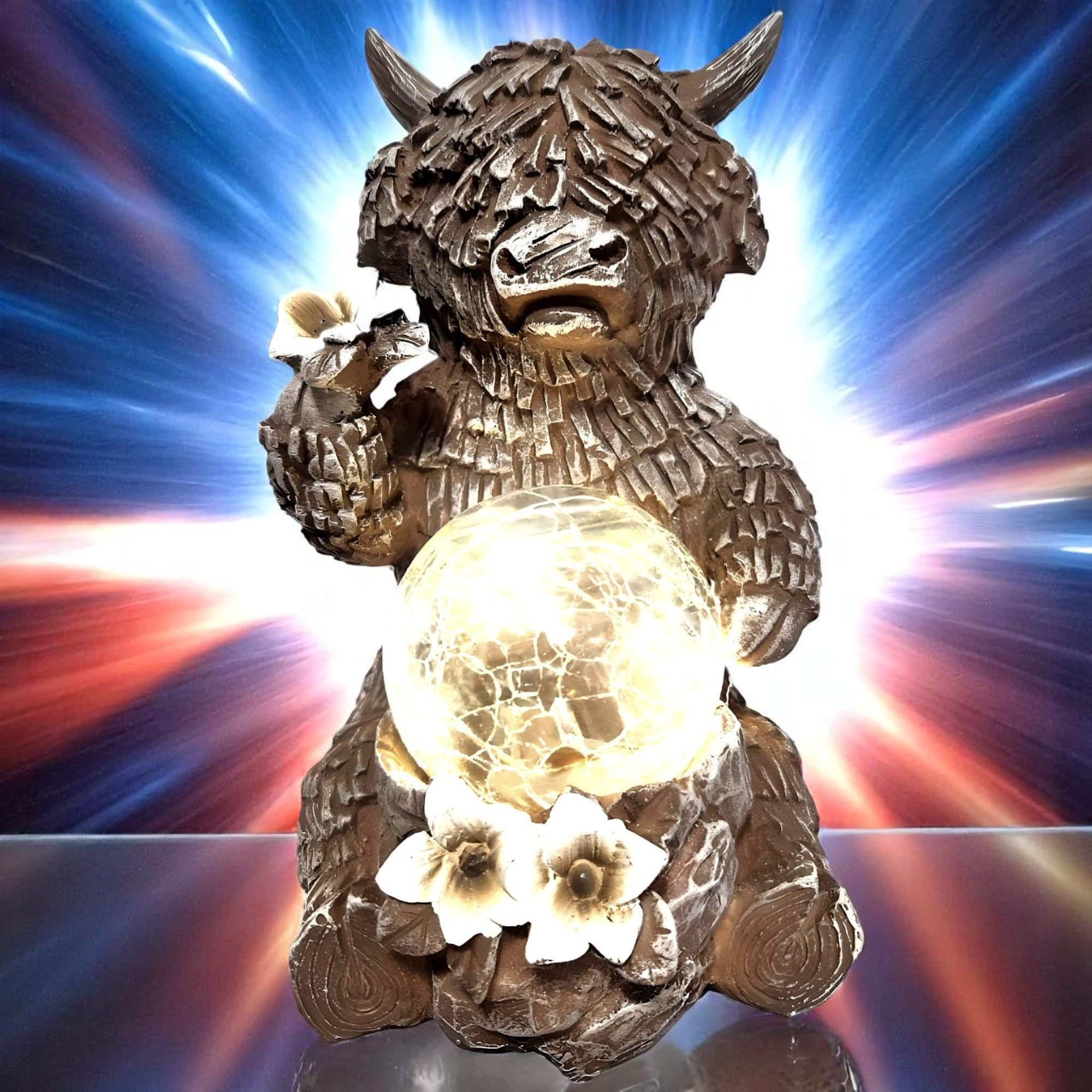 Divas World Highland Cow Solar Garden Light – LED Crackle Glass Ball Solar Ornament, 16cm Rustic Farmhouse Decor, Outdoor Country Garden Decorations, Waterproof Animal Figure for Yard, Patio, Home