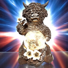 Divas World Highland Cow Solar Garden Light – LED Crackle Glass Ball Solar Ornament, 16cm Rustic Farmhouse Decor, Outdoor Country Garden Decorations, Waterproof Animal Figure for Yard, Patio, Home