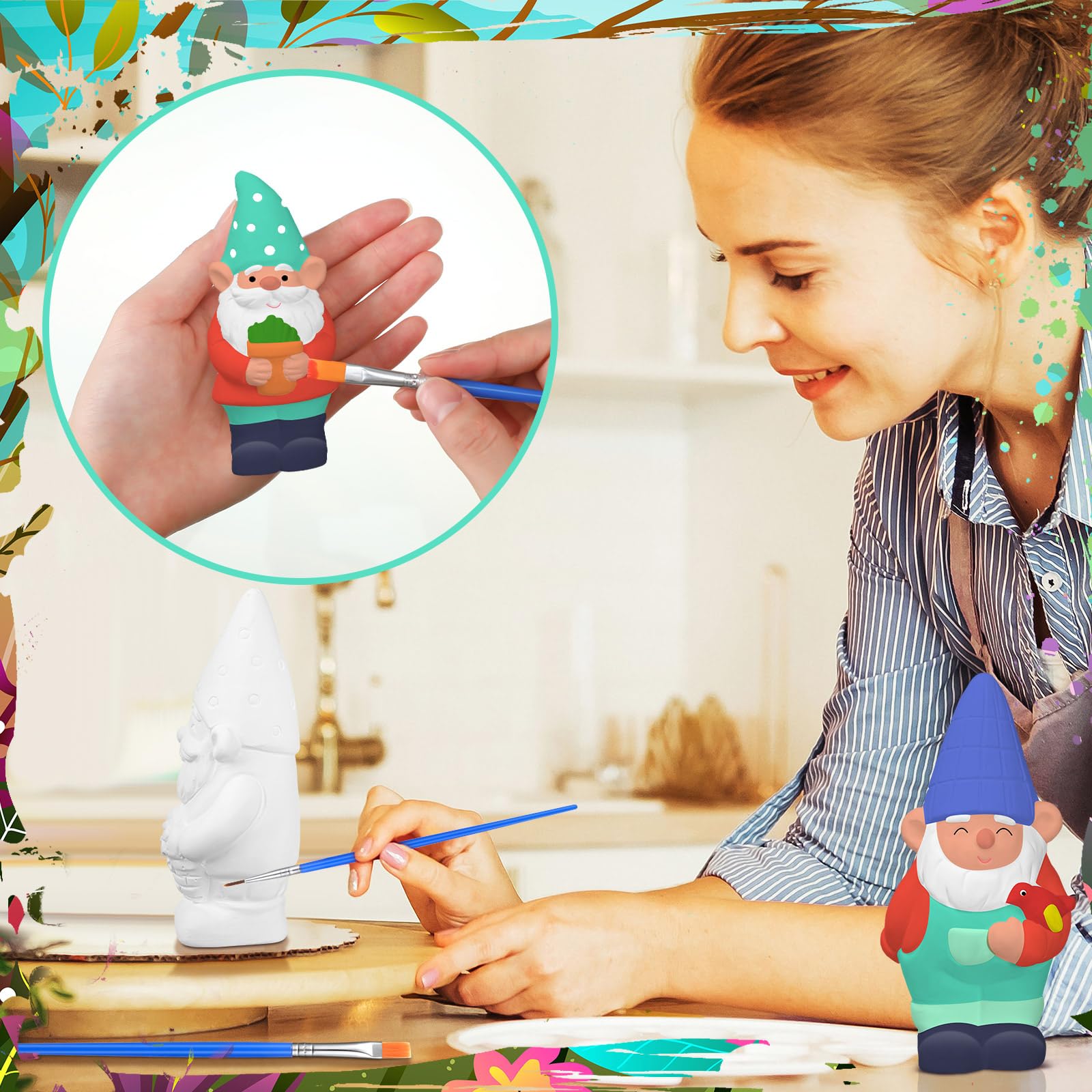 Simgoing 6 Sets Ready to Paint Your Own Garden Gnomes Statues Summer DIY Unfinished Ceramic Gnomes for Painting Figures Plaster Arts and Crafts with Brush Palette for Adults