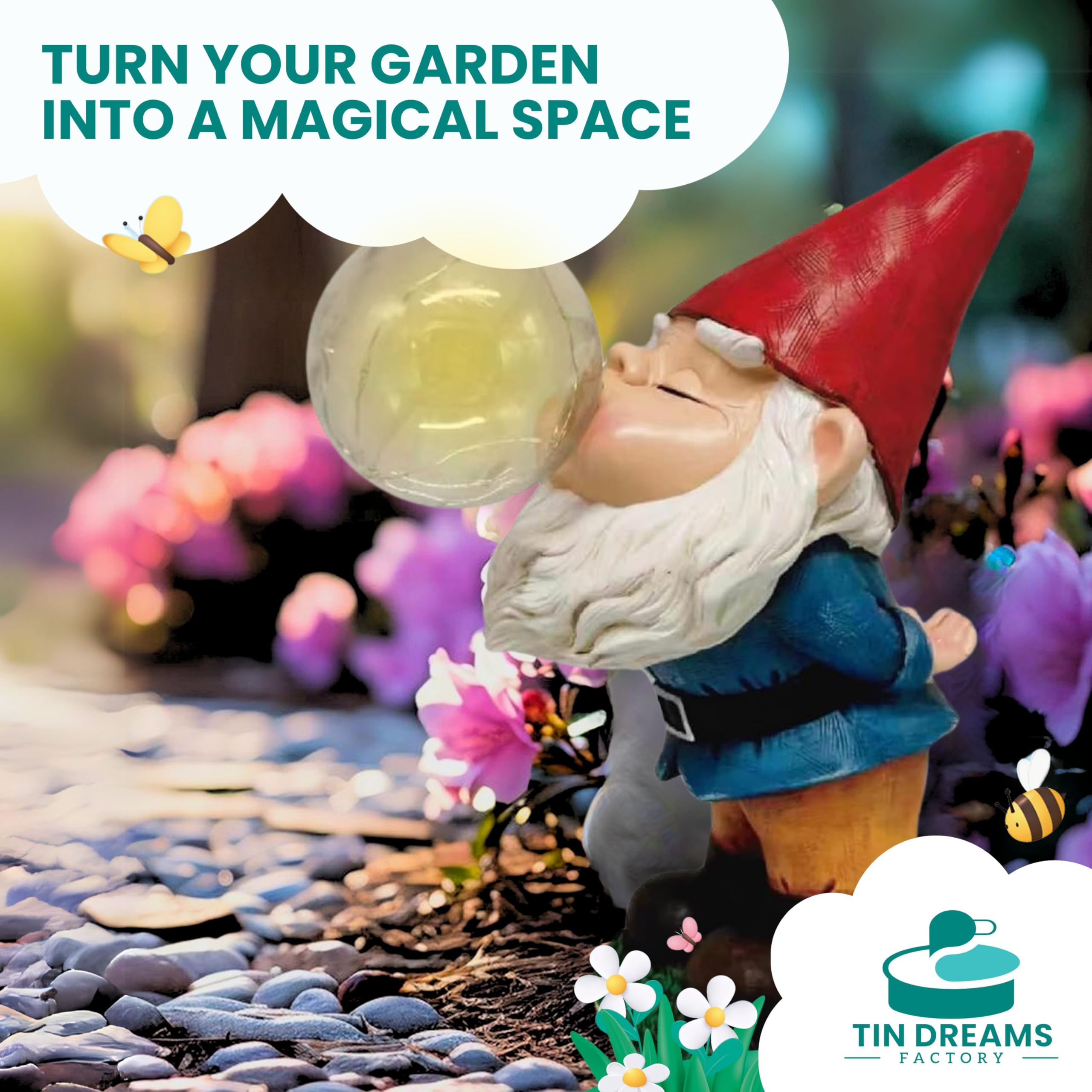 TIN DREAMS FACTORY | Tattletale Gnome with Solar Light – Decorative Garden Resin Figure – Outdoor Gnome with Glowing LED Bubble – Fun Ornament for Garden, Patio & Terrace