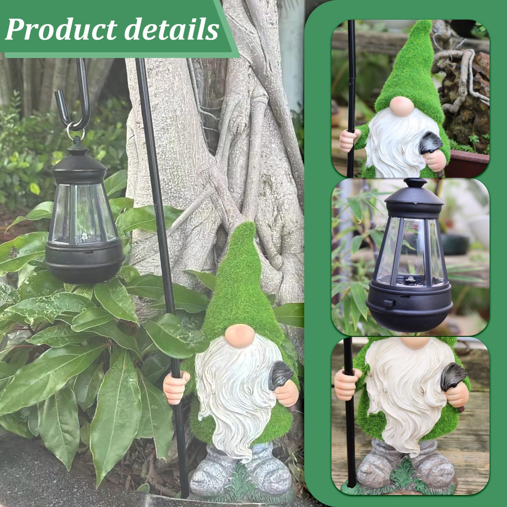 Gnome Solar Light, 18.9 Inch Tall Flocked Resin Garden Gnomes with Solar Lantern, Garden Statue Gnome, Garden Ornaments for Yard Lawn Backyard Decorations, Garden Statues
