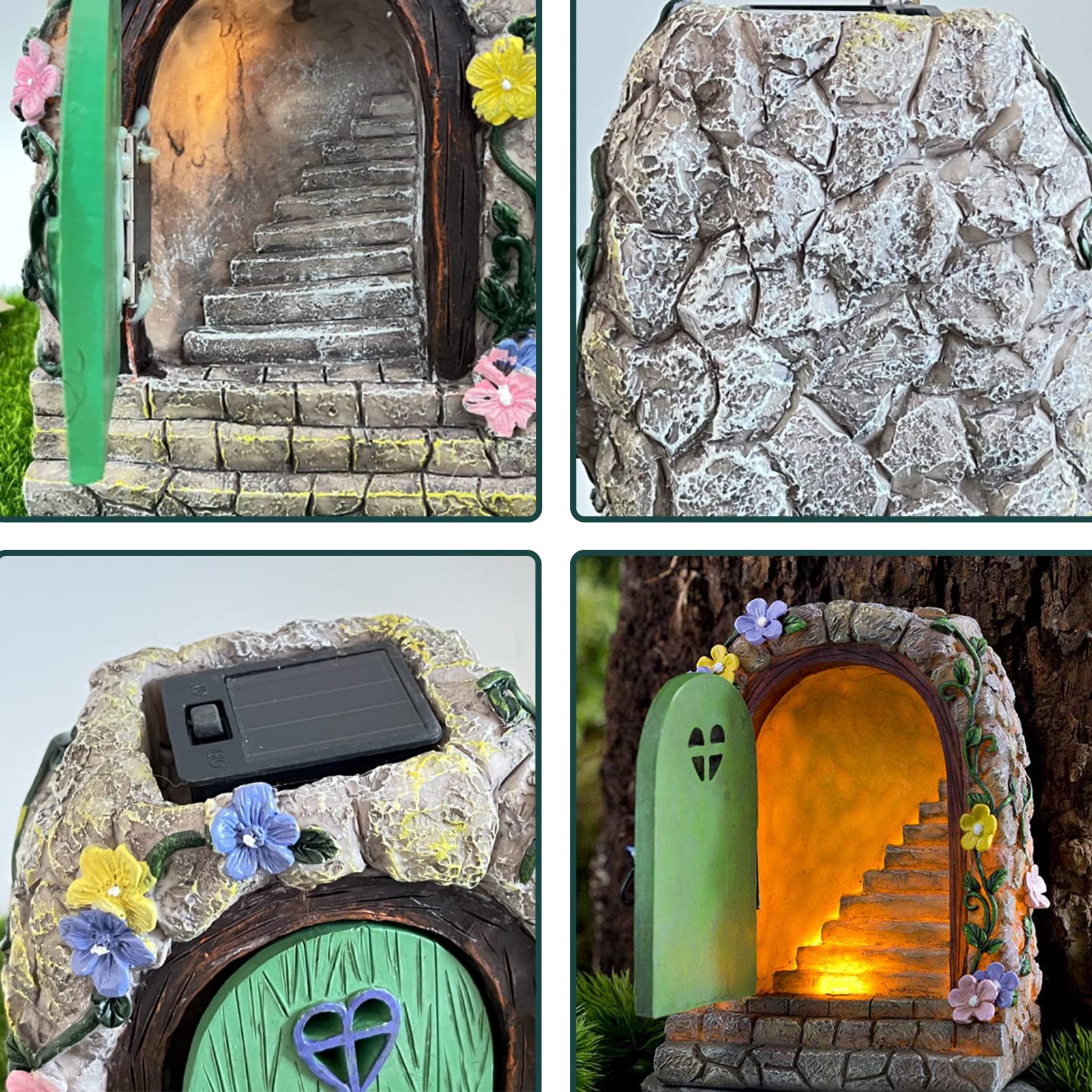 Jauhmui Fairy Garden Door - Glow in the Dark Miniature Tree Trunk, Retro & Mystical Elf Door, Solar Lights Statues, Garden Trees Decoration