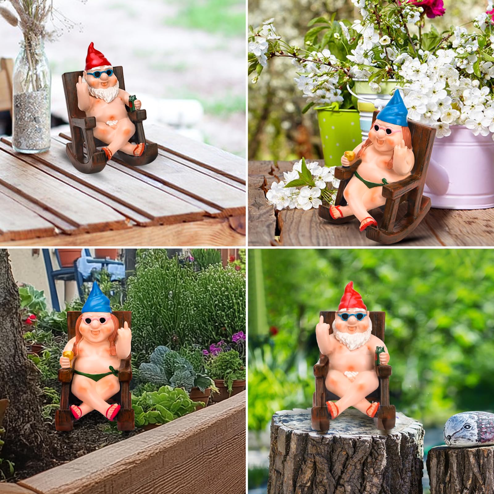 SepApr88 Garden Gnomes, Funny Naughty Naked Gnomes Figurines in Rocking Chair, Outdoor Garden Yard Lawn Statues, Middle Finger Resin Decor for Home Office（2Pcs, Sitting）
