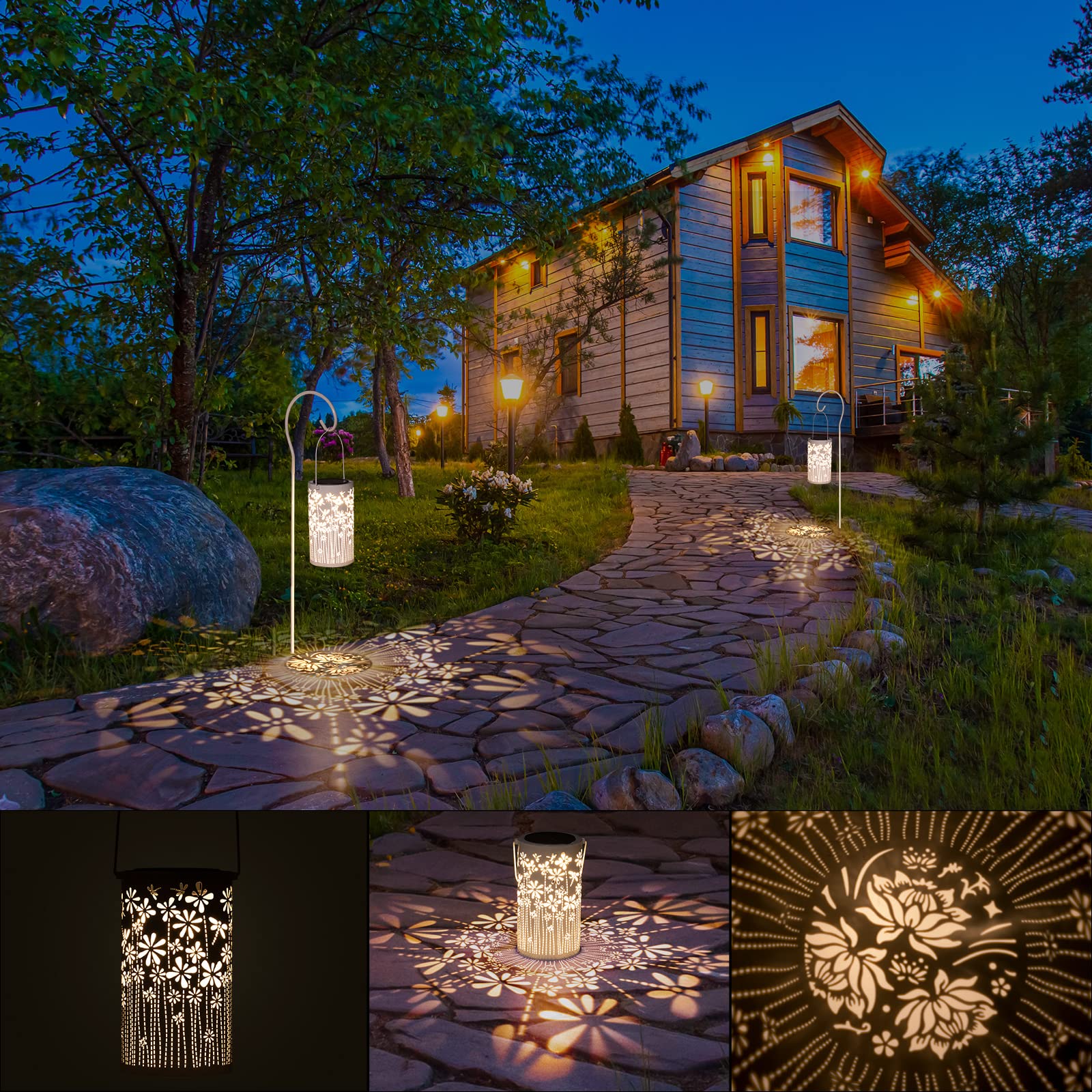 Freekite Solar Lantern for Garden, Metal Outdoor Lantern with a Shepherd's Hook, IP65 Waterproof Garden Decoration Path Lights, Solar Lights for Garden Outside Table Patio Balcony Courtyard