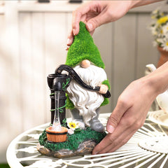 TERESA'S COLLECTIONS Garden Ornaments Outdoor, Lovely Green Clothes Gonk Pumping Water with Solar-Powered Lights, Waterproof Resin Gnomes Ornaments, Garden Decorations Gifts, Indoor Outdoor 22.5CM
