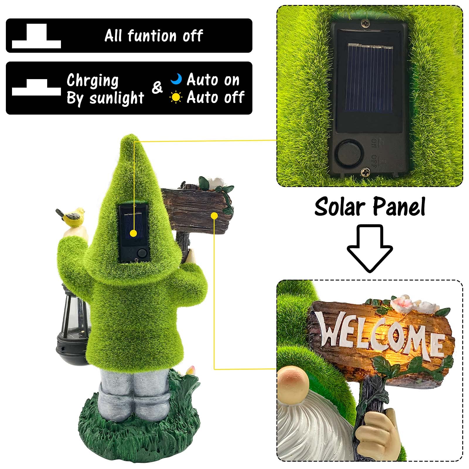 Lovinland Garden Gnome Statue Outdoor Decor Large Flocked Resin Gnome Figurine with Solar Light Holding Lantern Welcome Sign Garden Yard Decorations Dwarf Sculpture for Outside Patio Porch Lawn Decor