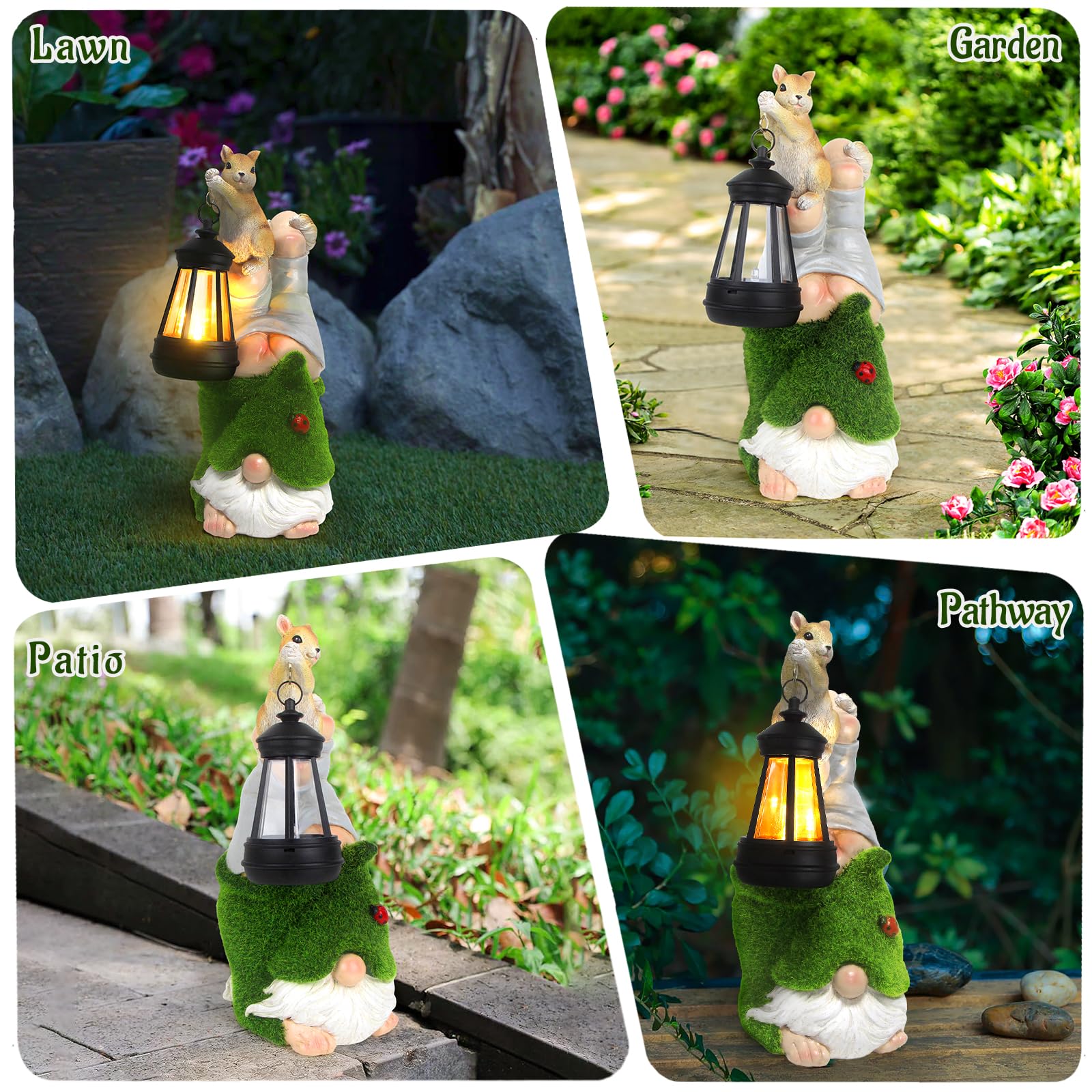Garden Gnome with Squirrel Outdoor Statue,Flocked Gnome Statue Holding Lantern with Solar Lights,Outdoor Gnomes Decorations for Yard Patio Lawn Porch,Gifts for Mom