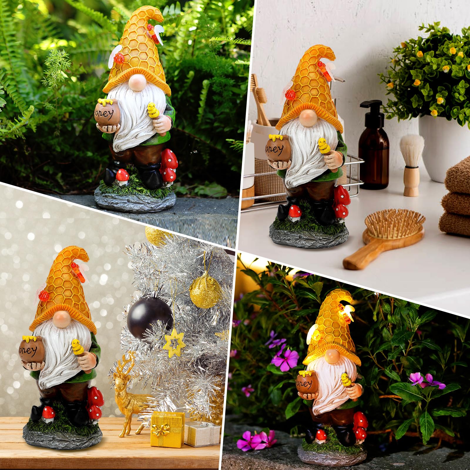 VChymm Flocked Garden Gnome Statue with Solar LED Light, Large Funny Fairy Gnomes Figurines with Solar Lantern, Outdoor Fall Decorations for Yard Lawn
