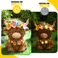 Colingmill Highland Cow Gnomes Resin, Garden Highland Cow Statue Solar Outdoor Decor with Flower Decoration for Patio, Yard, Gift for Mom, Cow Lovers(Bright)