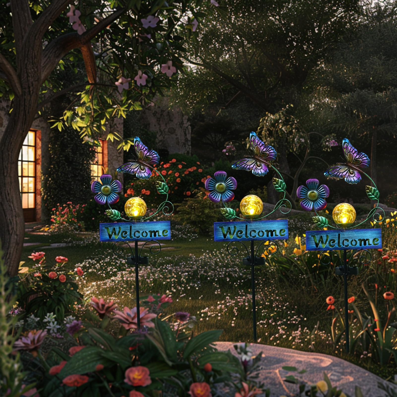 LOVERUIS Solar Lights Outdoor Garden Butterfly Welcome Sign with Cracker Ball Waterproof Butterflies Garden Ornament Gift for Mom Wife