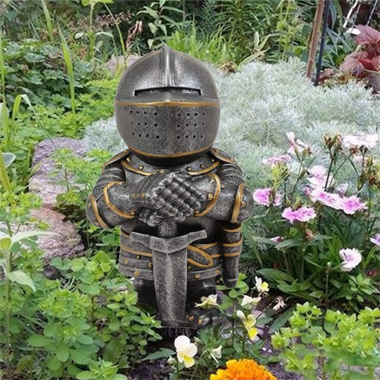 Knight Gnomes Guard Garden Gnome Ornaments Outdoor Medieval Crusader Knight Suit Statue Waterproof Resin Ornament for Yard Lawn Garden Decorations (B)