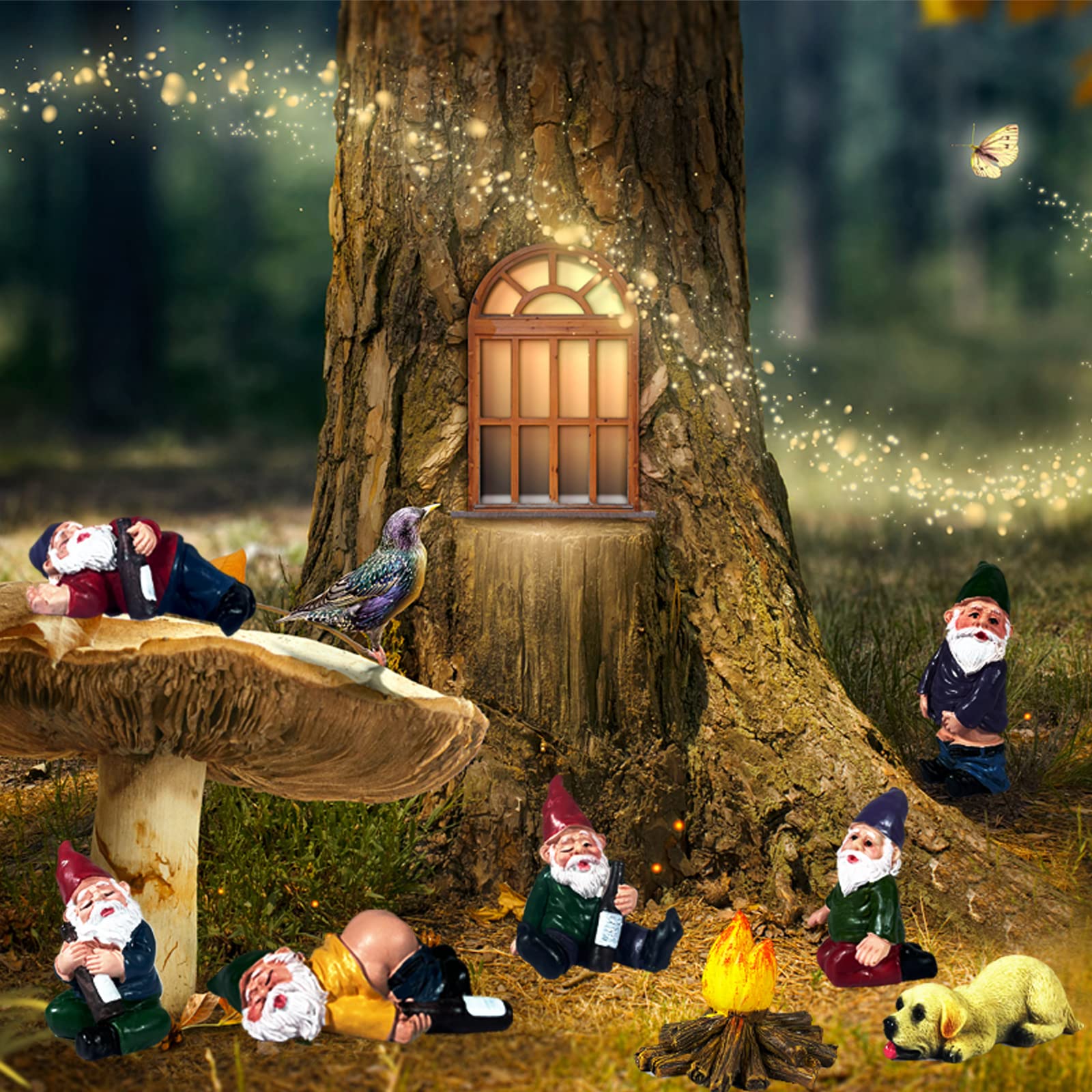 Wetufin 9pcs Drunk Gnomes Miniature Garden Gnomes Mini Funny Gnome Statues Resin Gnome Fairy Gnomes Garden Decorations Miniature Gnomes for Fairy Garden, Christmas Tree, Gift for Kids