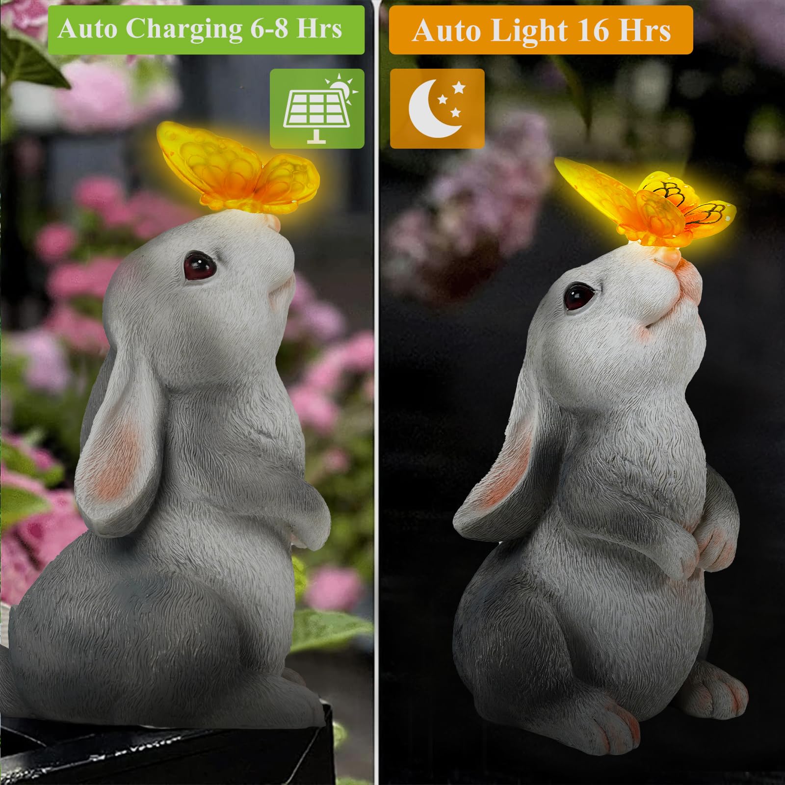 Loofu Solar Garden Rabbit Statue Outdoor Ornament, Butterfly on Rabbit- for Home Lawn Decor Garden Animal Figurine for Patio, Balcony, Yard, Lawn, Innovative Gift, 23cm*15cm*12cm