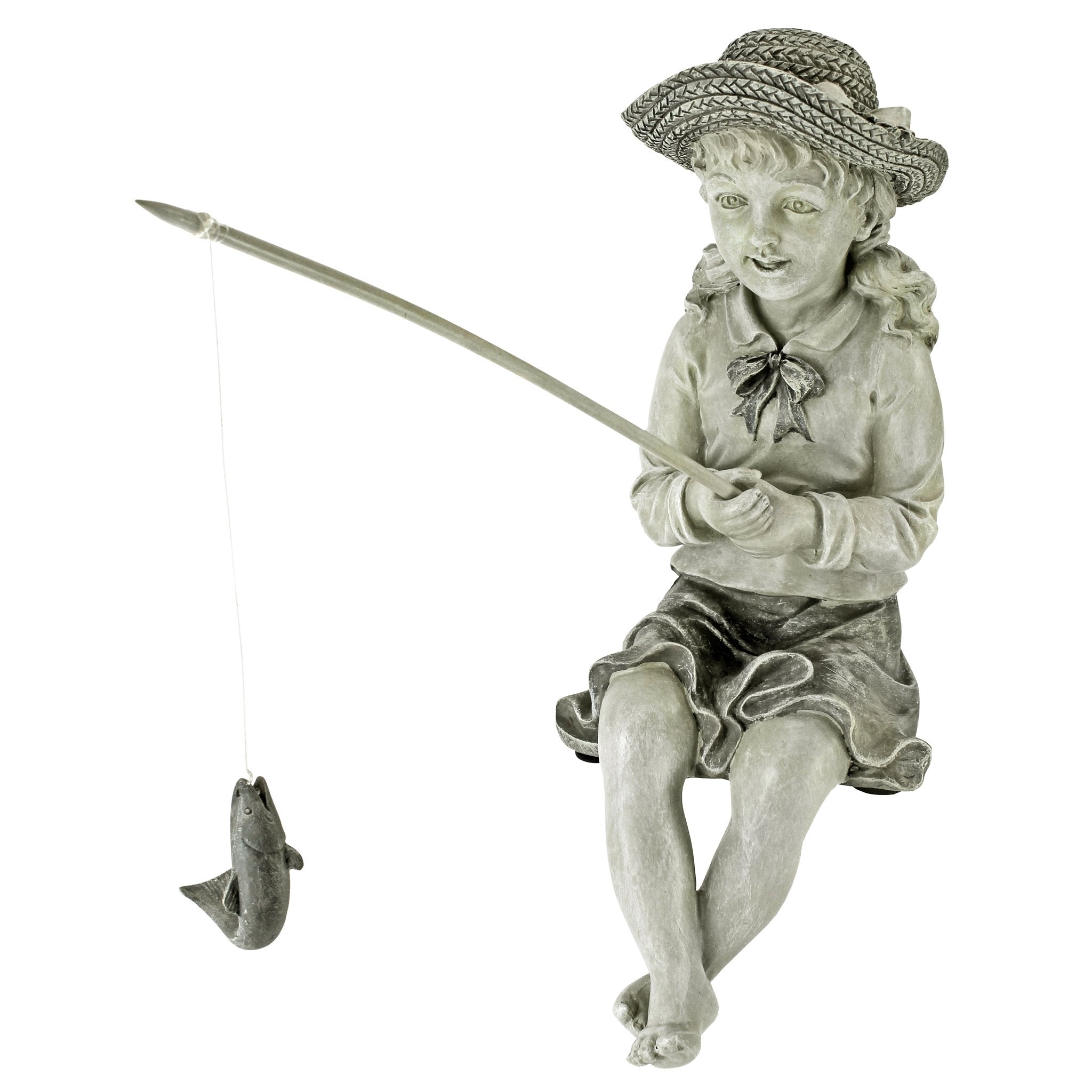Design Toscano EU9305 Big Catch Fisherwoman Girl Fishing Garden Statue, 28 cm, Polyresin, Two Tone Stone