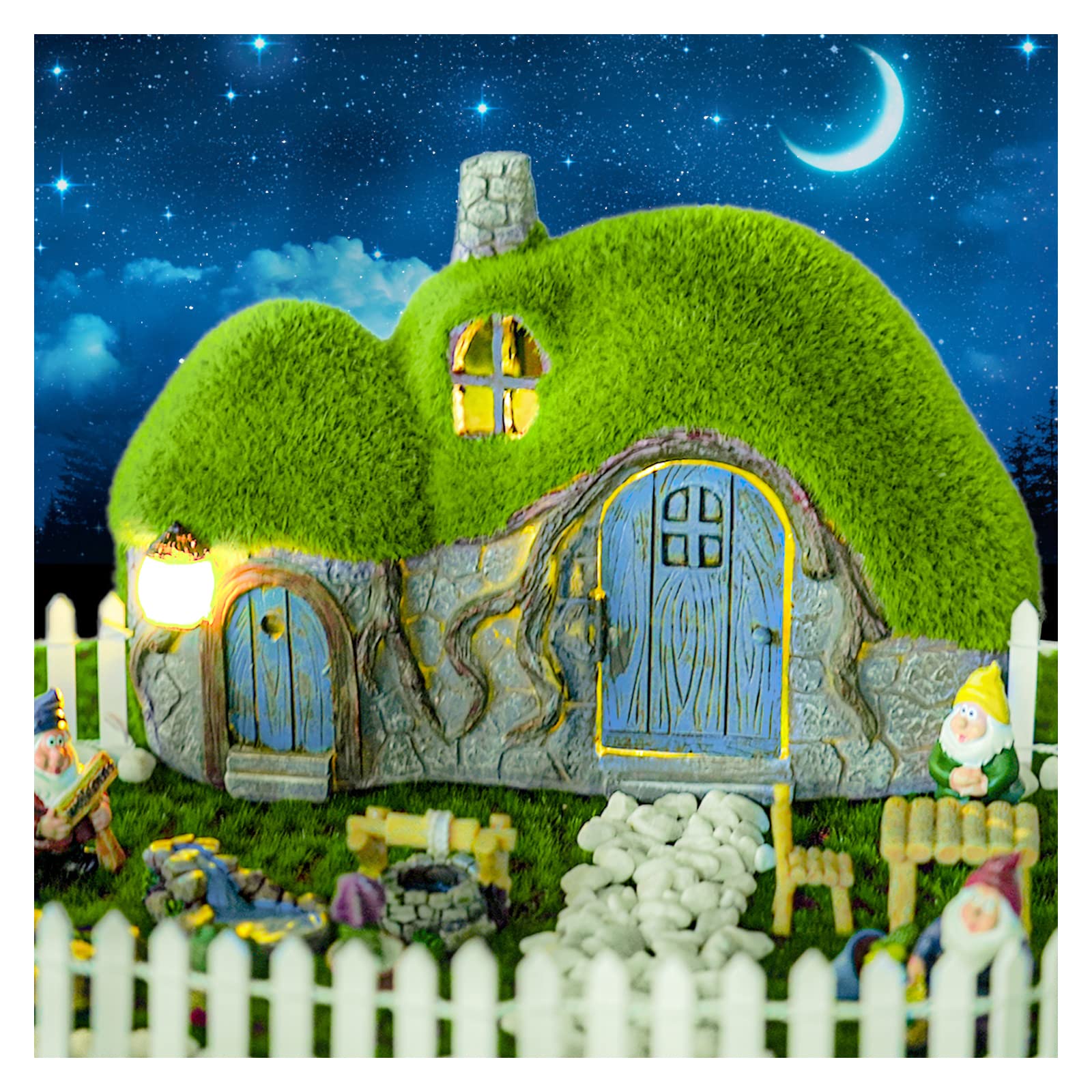 Darkdec Garden Statues Outdoor Decor - Fairy House with Waterproof Solar Lights Resin Figurines for Yard Lawn Porch Outside Ornament or Garden Gift