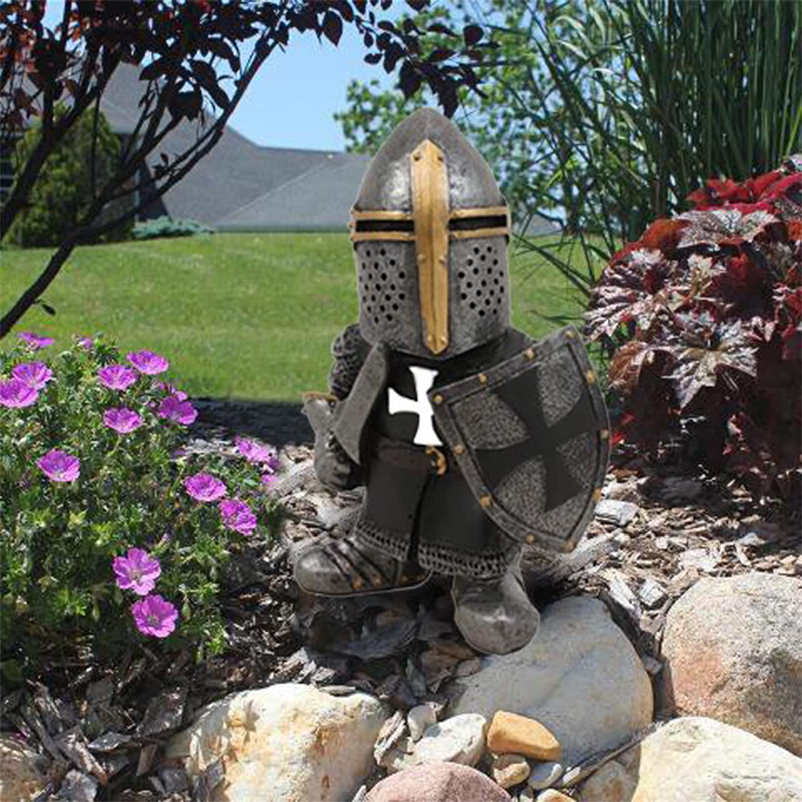 Garden Gnome, Gothic Knight Guardian Dwarf, Medieval Crusader Miniature European Knight Garden Statue Sculpture, Waterproof Resin Ornament, Garden Figures Decoration, for Home, Yard, Lawn, Garden