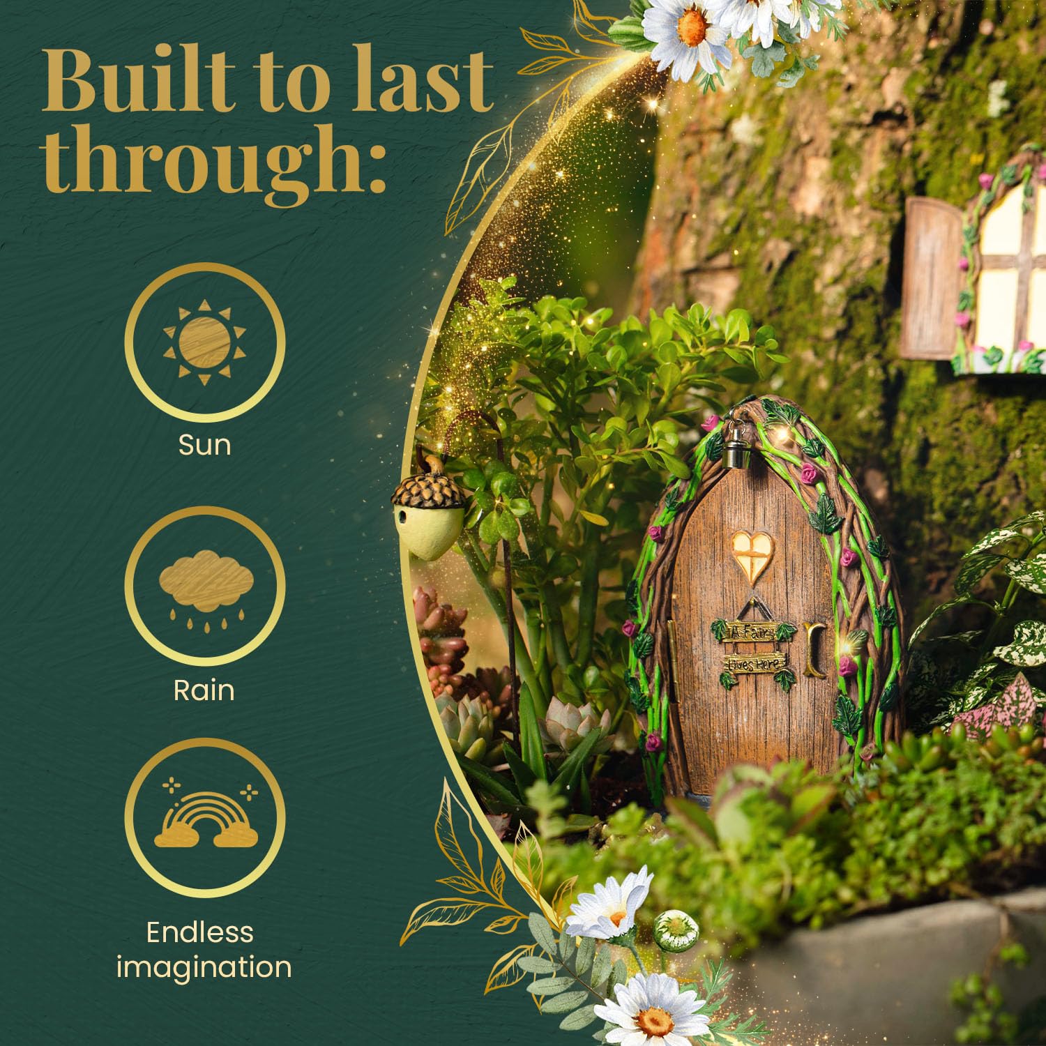 Opening Fairy Door & Window Set for Trees - Fairy Garden Kit with Light, Decor