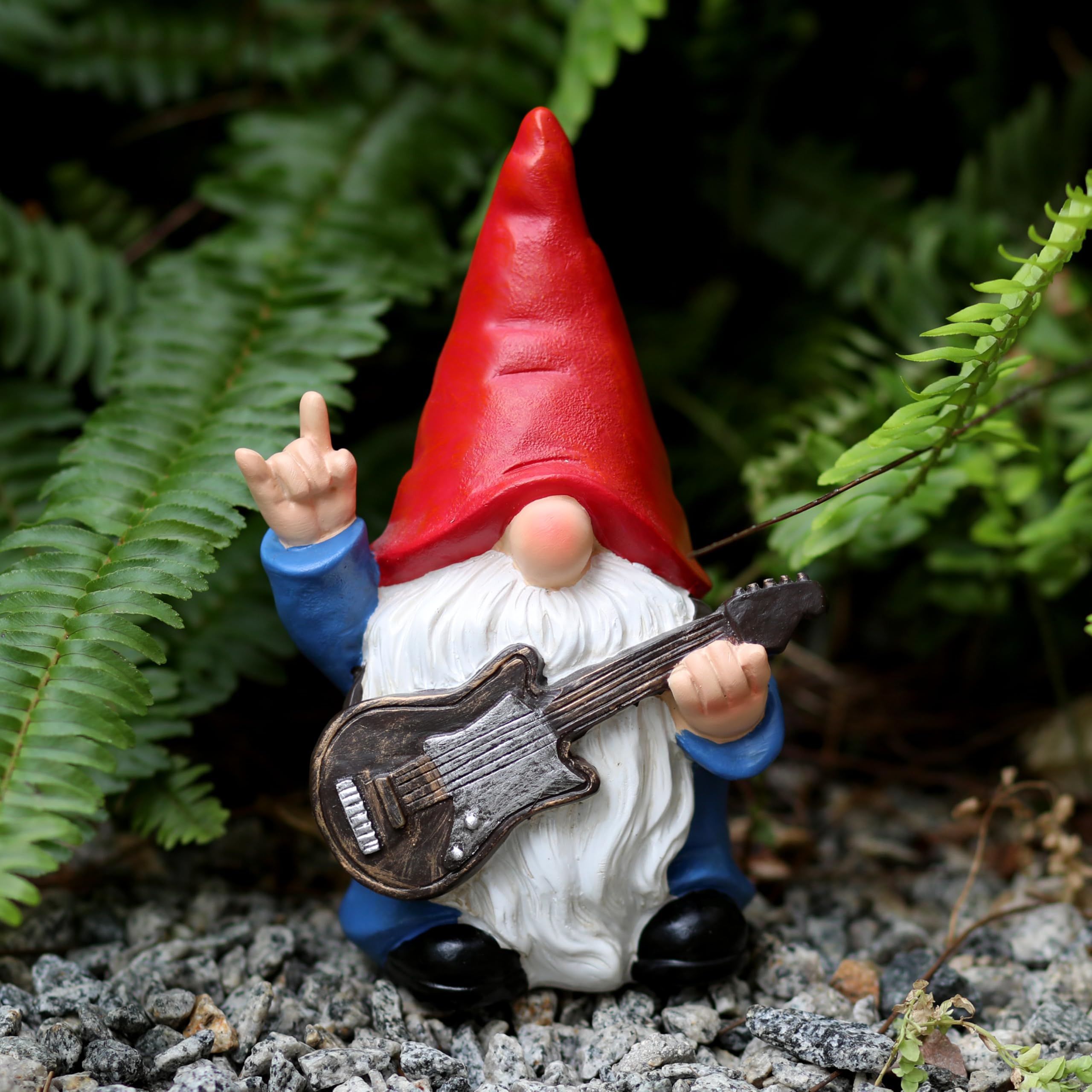 WSHMZYHOME Garden Gnome with Guitar Figurine, Red Hat, Blue Outfit, Indoor Outdoor Decorative Statue