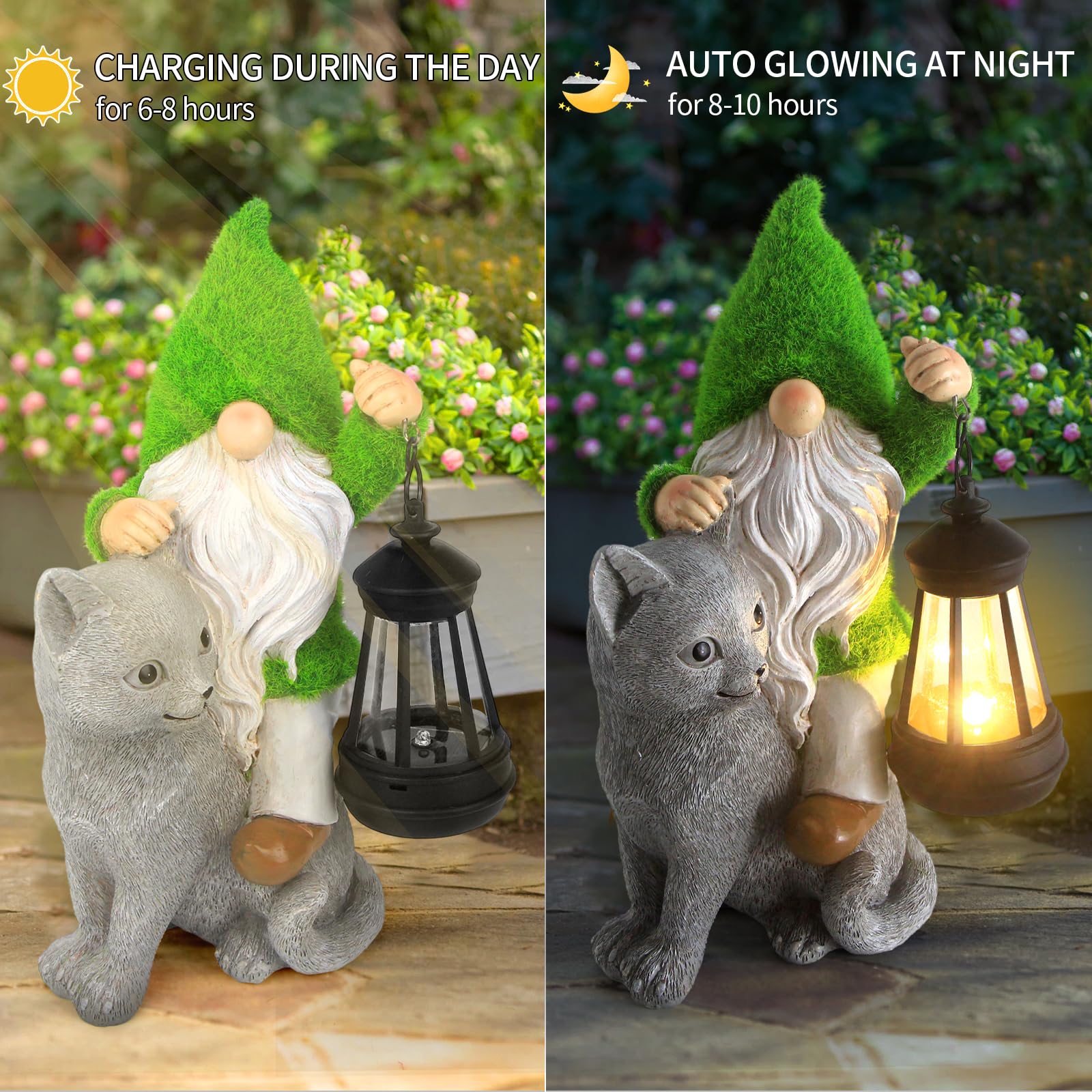 Sinhra Garden Cat Gnome Decoration with Solar Lights, Resin Flocked Gnome Figurine Holding Lantern, Outdoor Statue, Grey, Water Resistant, LED Light, 6.1”L x 10.62”H