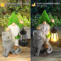 Sinhra Garden Cat Gnome Decoration with Solar Lights, Resin Flocked Gnome Figurine Holding Lantern, Outdoor Statue, Grey, Water Resistant, LED Light, 6.1”L x 10.62”H