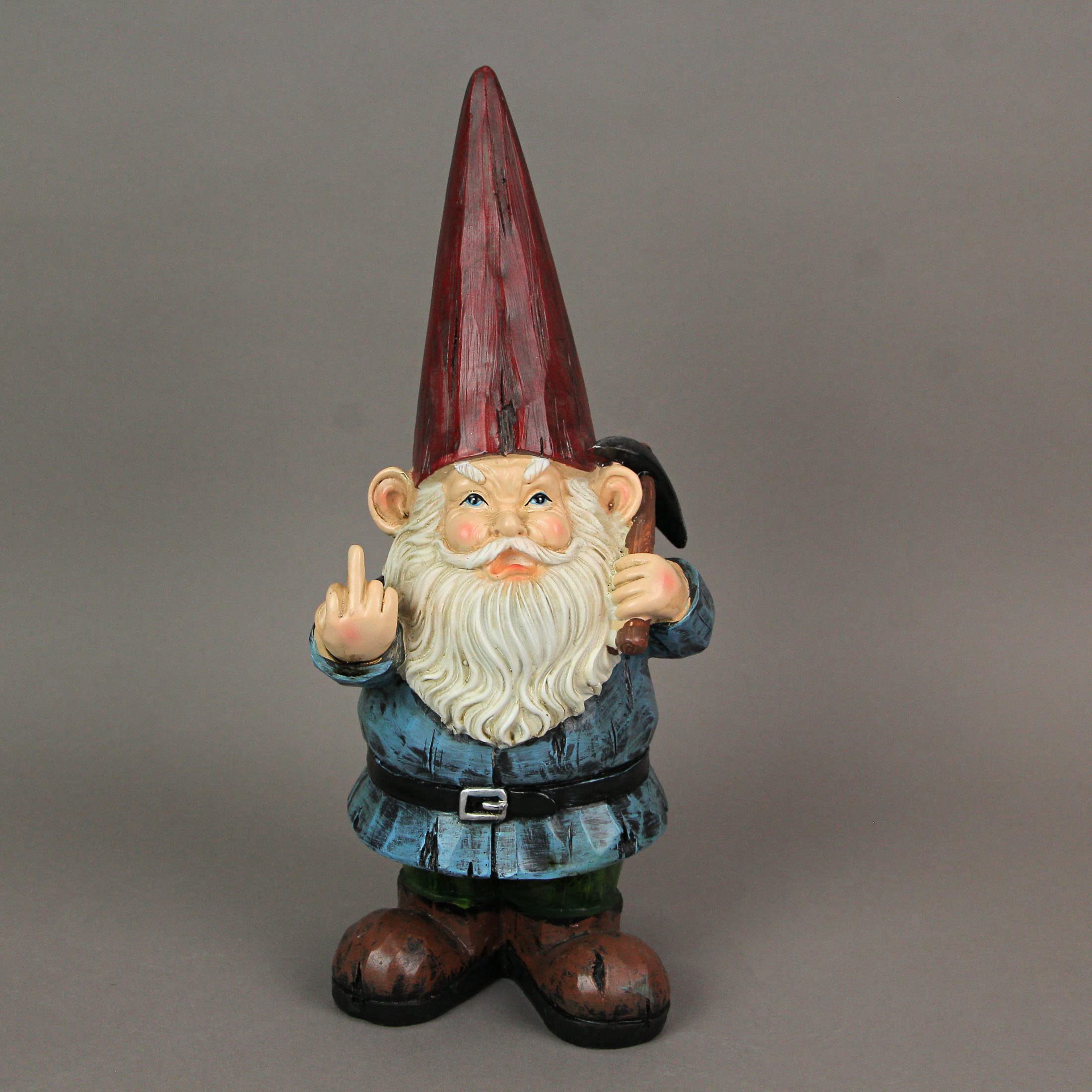 12 Inch High Angry Garden Gnome Holding Pick Axe Decorative Yard Statue - Rude Hand Gesture Indoor/Outdoor Hand-Painted Grumpy Garden Patio or Porch Decor