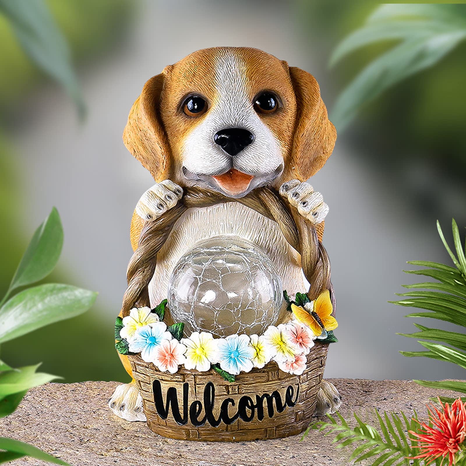 Puppy Garden Ornament Outdoor with Solar Light with Crakle Glass Balls, Resin Garden Statue Figurine for Patio Lawn Yard Decor