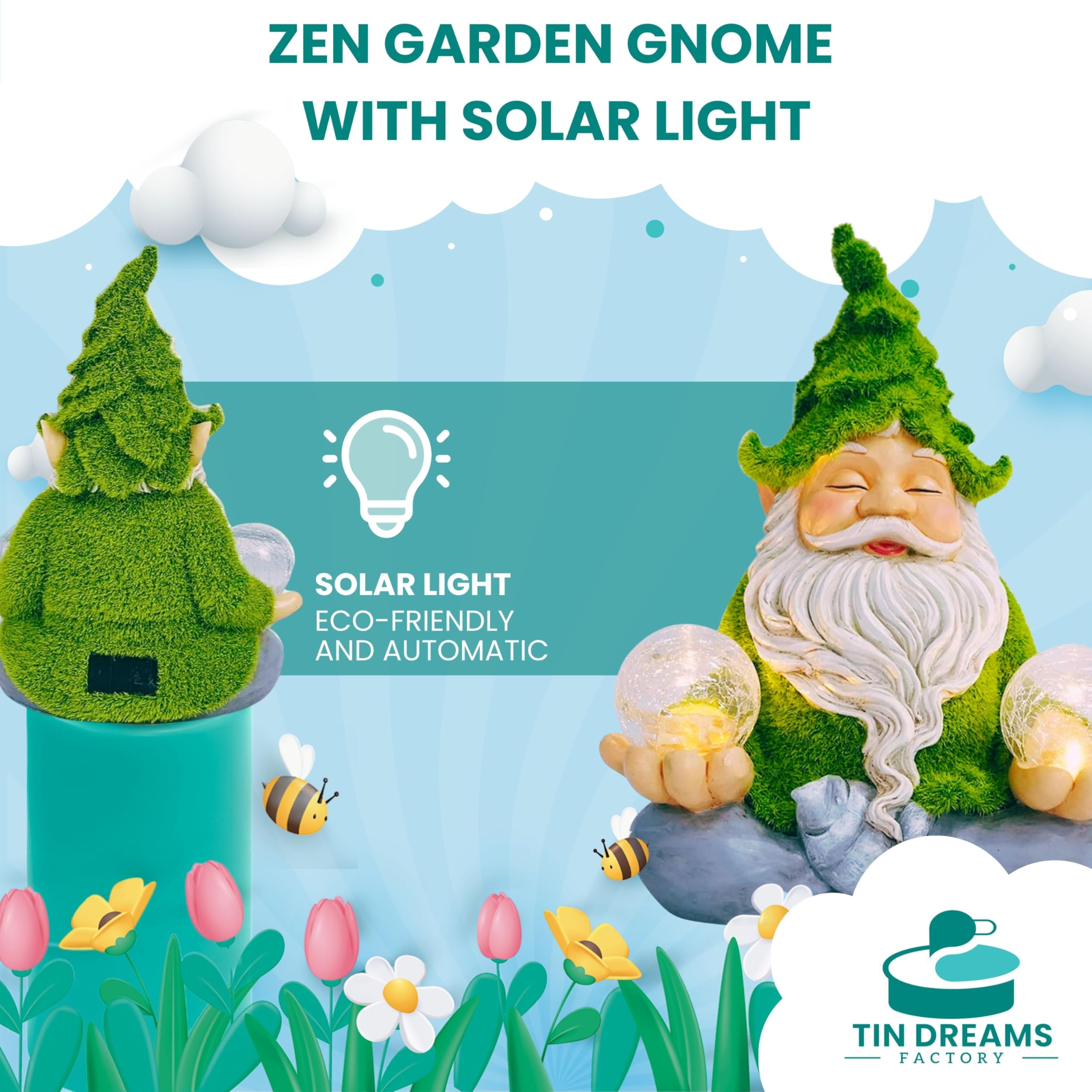 TIN DREAMS FACTORY | Zen Gnome with Solar Light – Decorative Garden Figure in Resin – Gnome with Luminous LED Ball – Original Ornament for Garden, Terrace, and Patio
