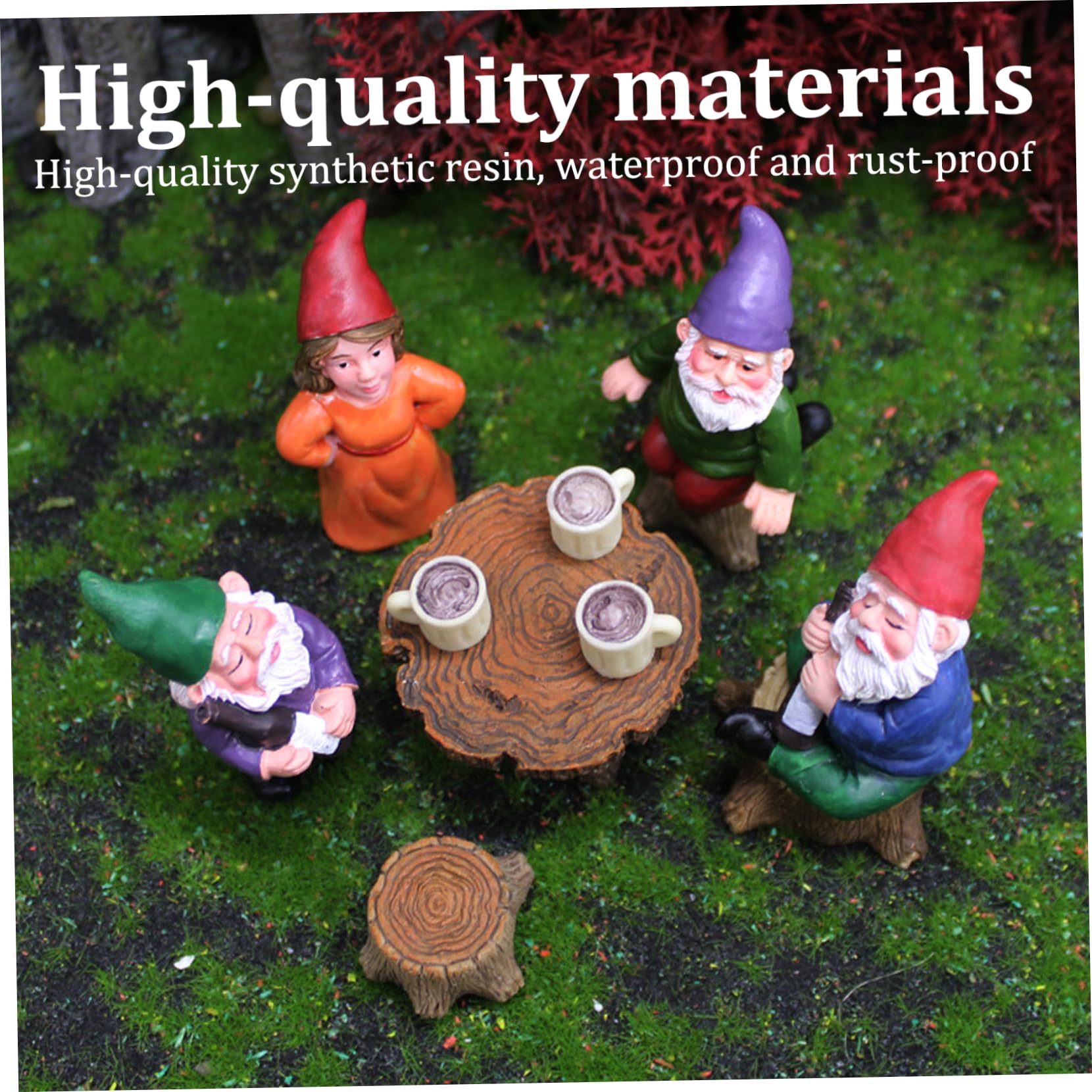 Dbvnnsy 6Pcs/Set Garden Gnome Figurines Set Resin Miniature Gnomes Statue with Table and Stool Cute Yard Ornaments Collectible Decoration for Garden Outdoor Lawn