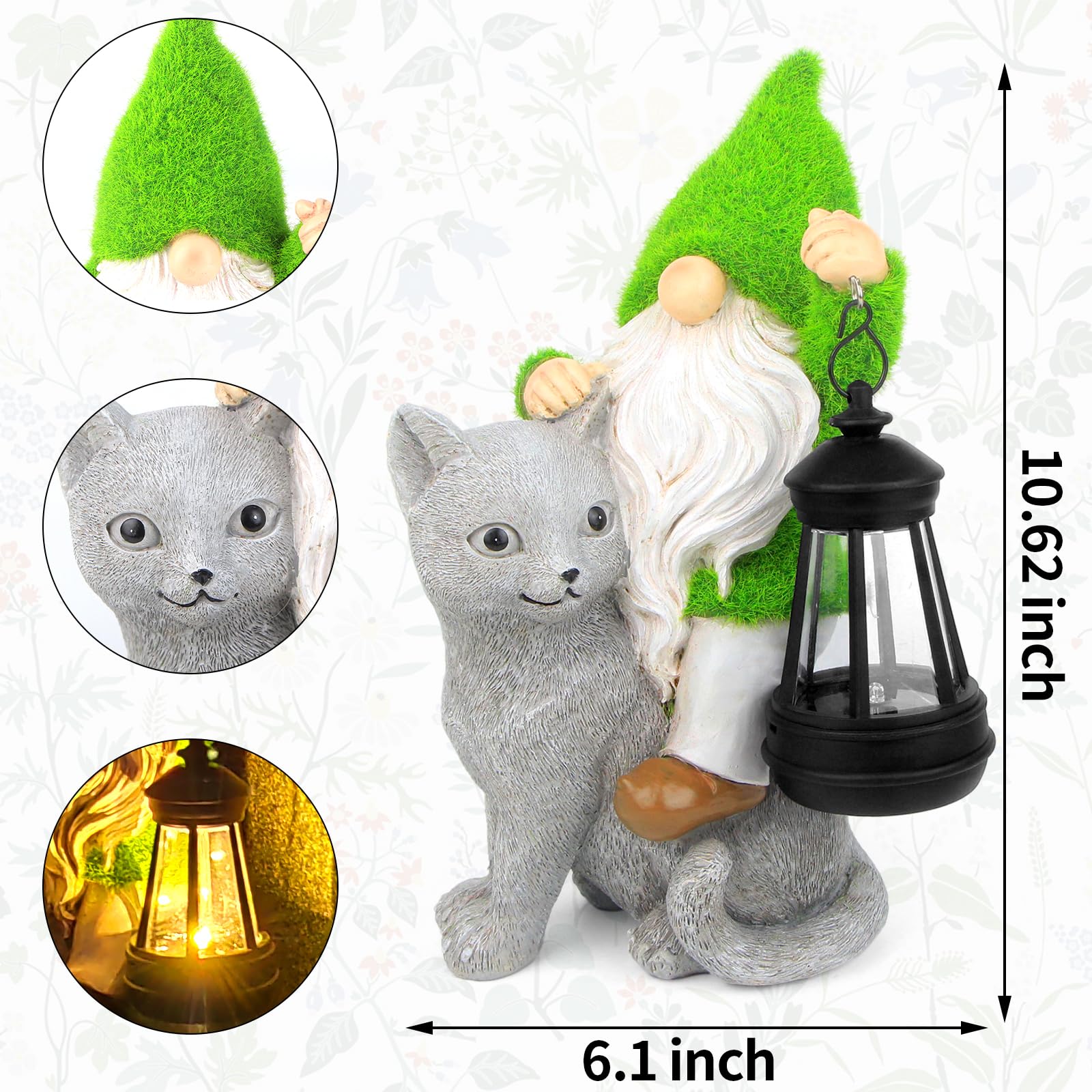 Sinhra Garden Cat Gnome Decoration with Solar Lights, Resin Flocked Gnome Figurine Holding Lantern, Outdoor Statue, Grey, Water Resistant, LED Light, 6.1”L x 10.62”H