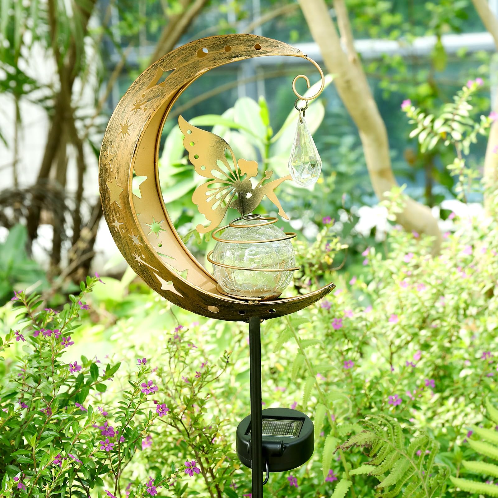 LOVERUIS Solar Garden Lights Outdoor Fairy Moon Lamp Waterproof Moon Garden Solar Light with Crackle Glass Ball LED Stake Lights Angel Decorative for Grave Balcony Lawn Patio Pathway (Fairy)