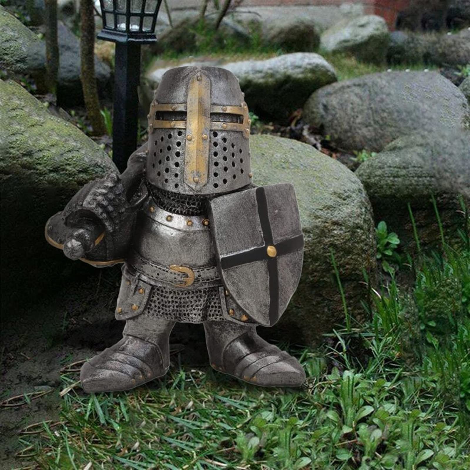 Knight Gnomes Guard Garden Gnome Ornaments Outdoor Medieval Crusader Knight Suit Statue Waterproof Resin Ornament for Yard Lawn Garden Decorations (D)