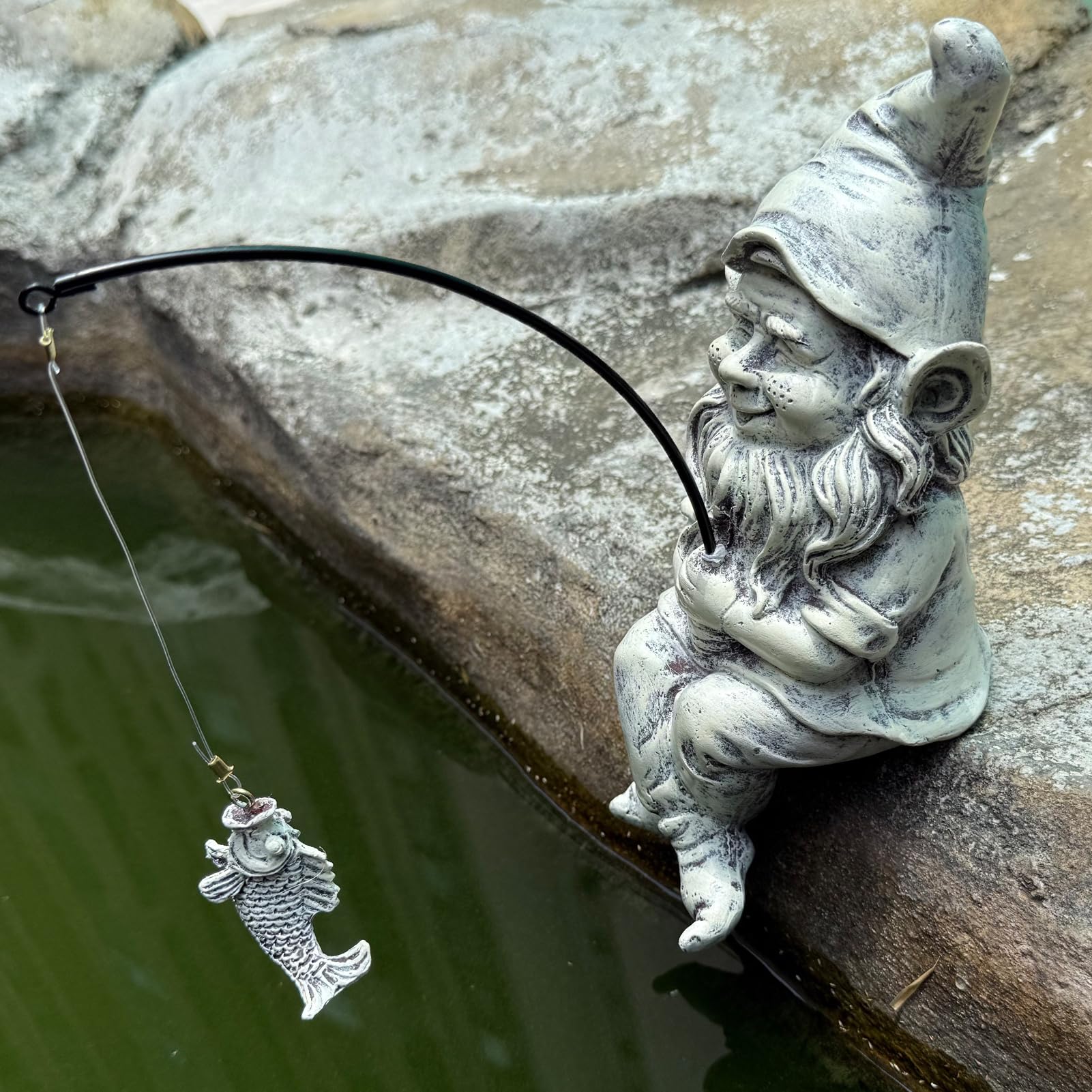 GARDEN WHISPER Gnome Statue Outdoor Garden Pond Koi Decoration, Fishing Gnome Sculpture Garden Koi Pond or Waterfall Decor, 9.7" Dwarf Fishing Poolside Statue, Great Gifts for Mom (Cartoon Style)