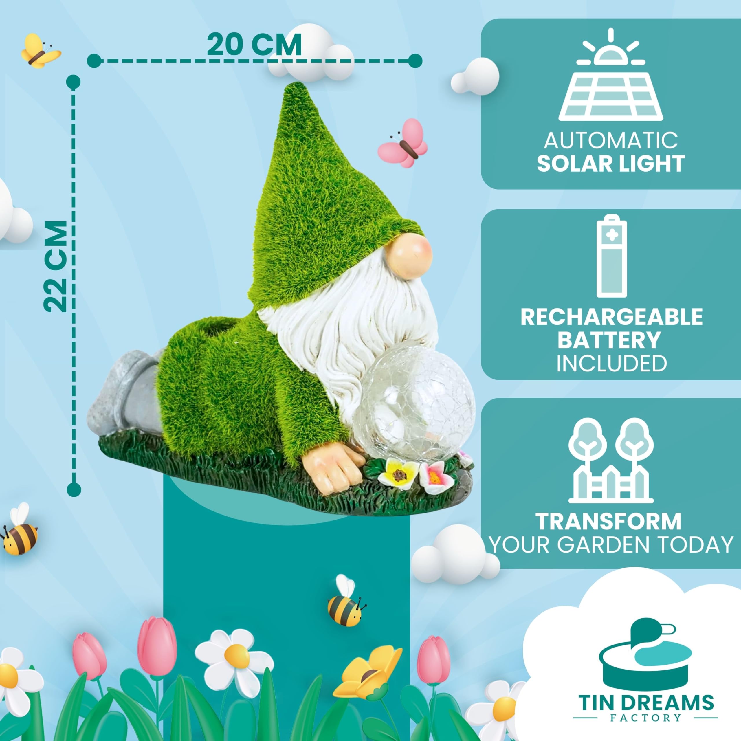 TIN DREAMS FACTORY | Yoga Gnome with Solar Light – Resin Garden Decorative Figure – Outdoor Little Gnome with LED Glowing Bubble – Relaxing Ornament for Garden, Patio and Terrace