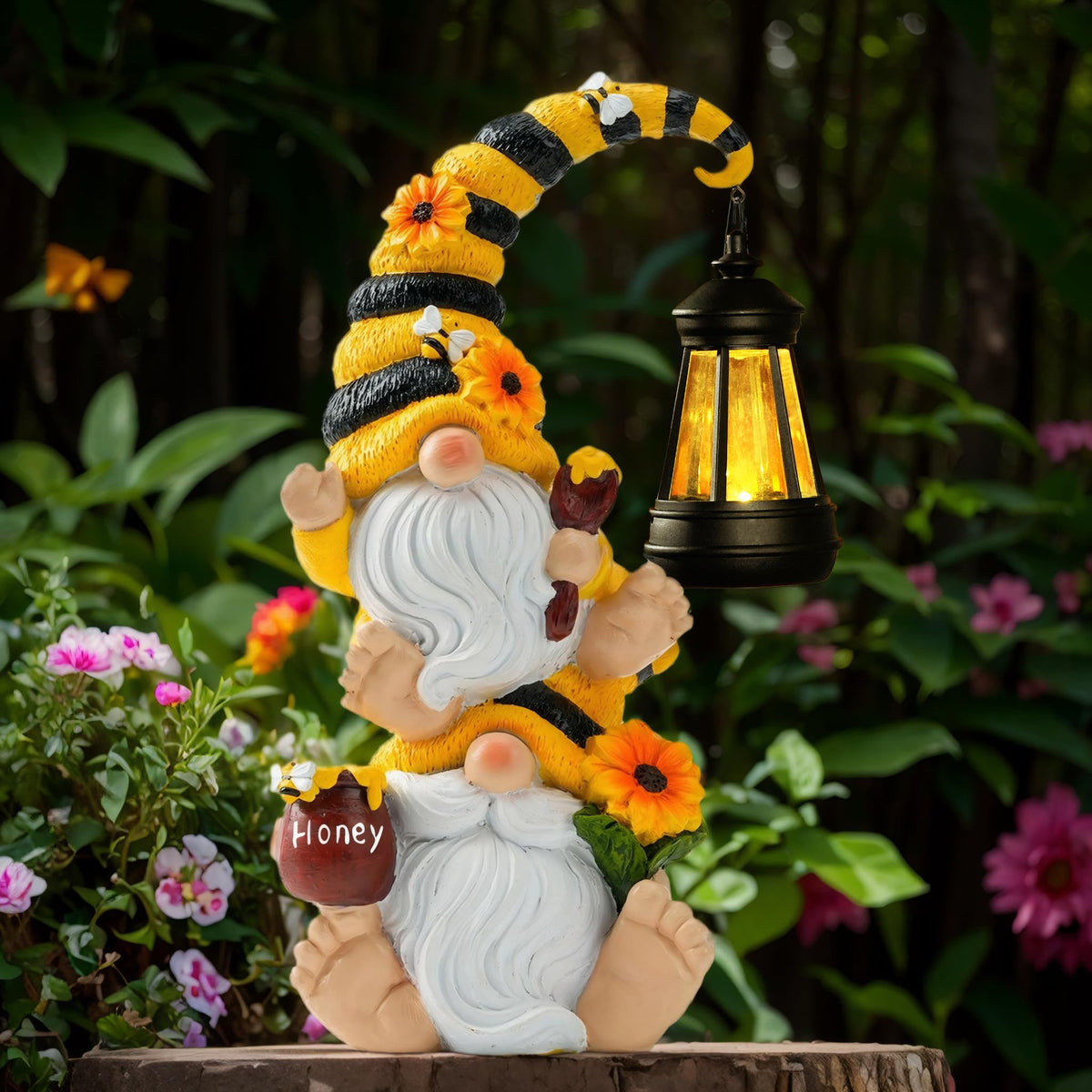 QZZP Solar Garden Gnome Statue – Funny Double Gnome Outdoor Decor for Patio, Lawn, Yard – Garden Sculptures with Solar Lights, for Women